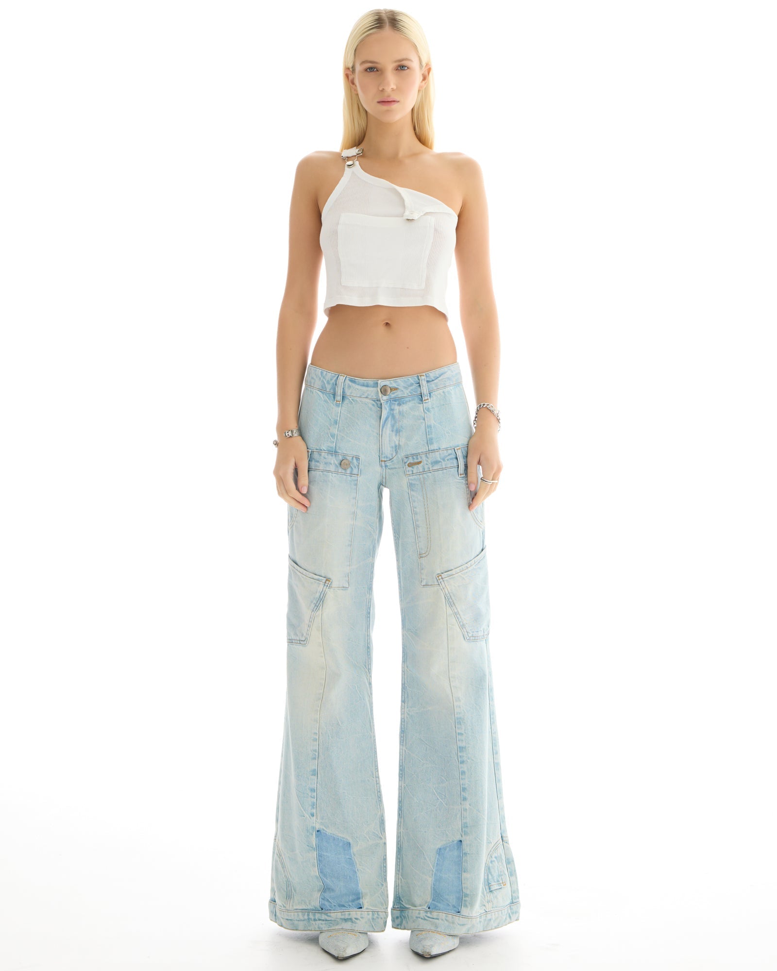 The Tales Reworked Denim Flares styled as part of a double denim outfit