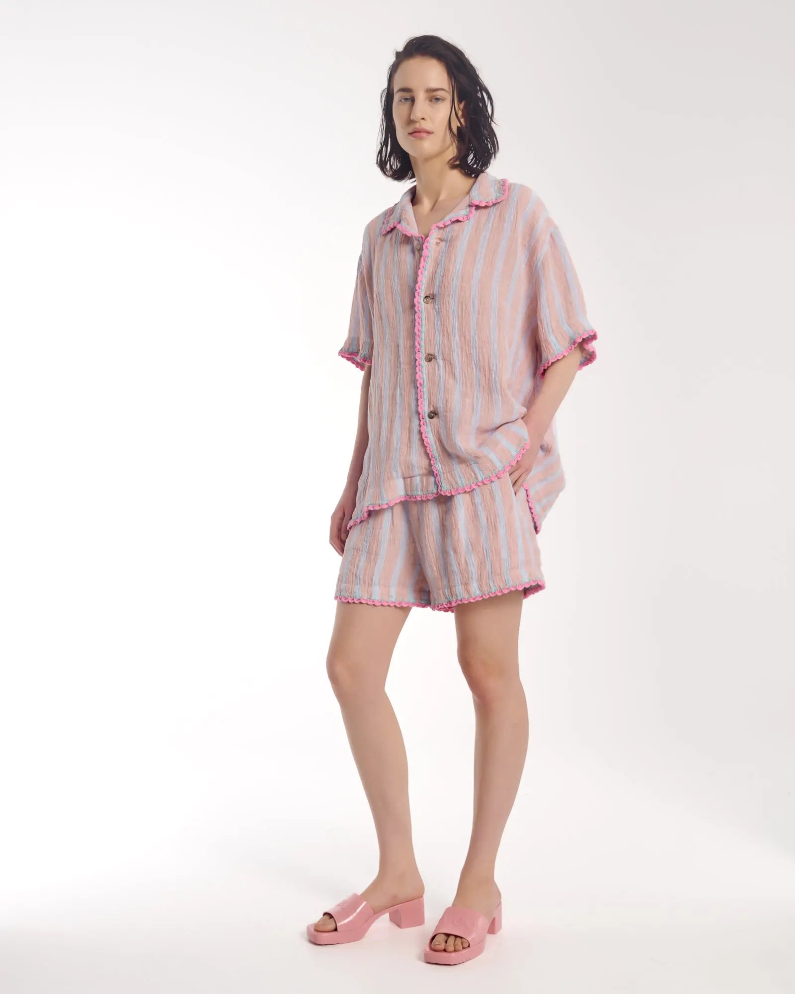 Hand Crochet Trimmed Stripe Linen Shorts by THE TALES - front view