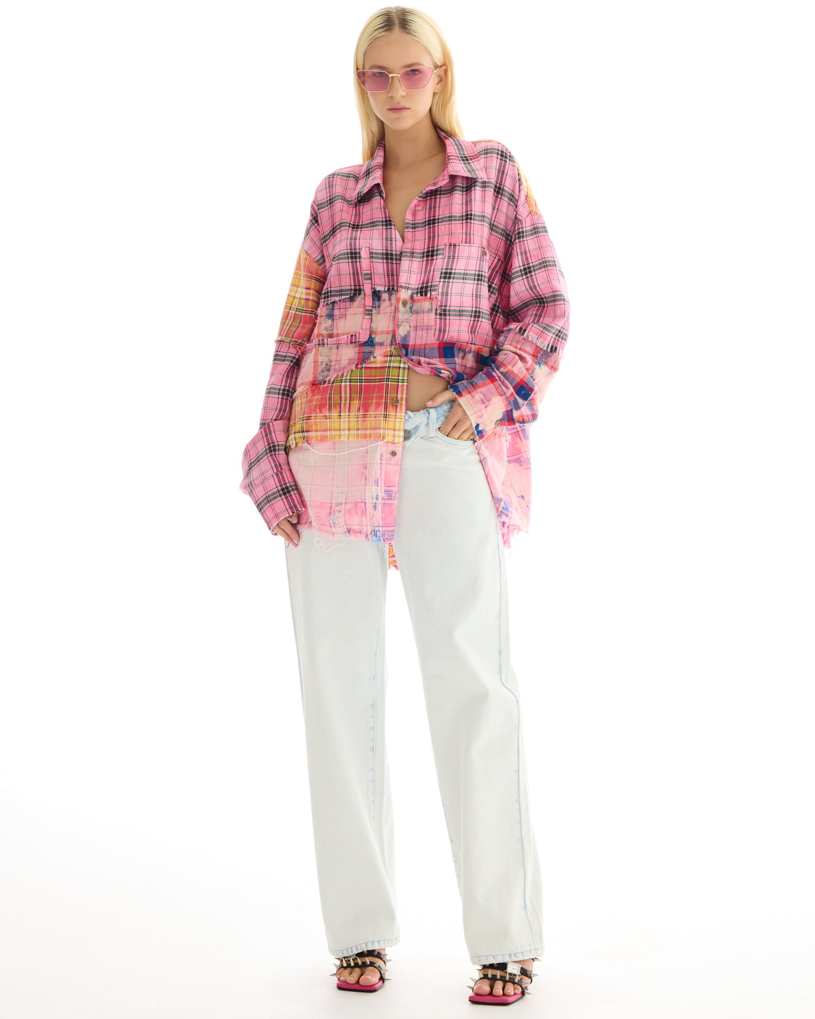 Reworked And Destroyed Mixed Check Shirt by THE TALES - front view