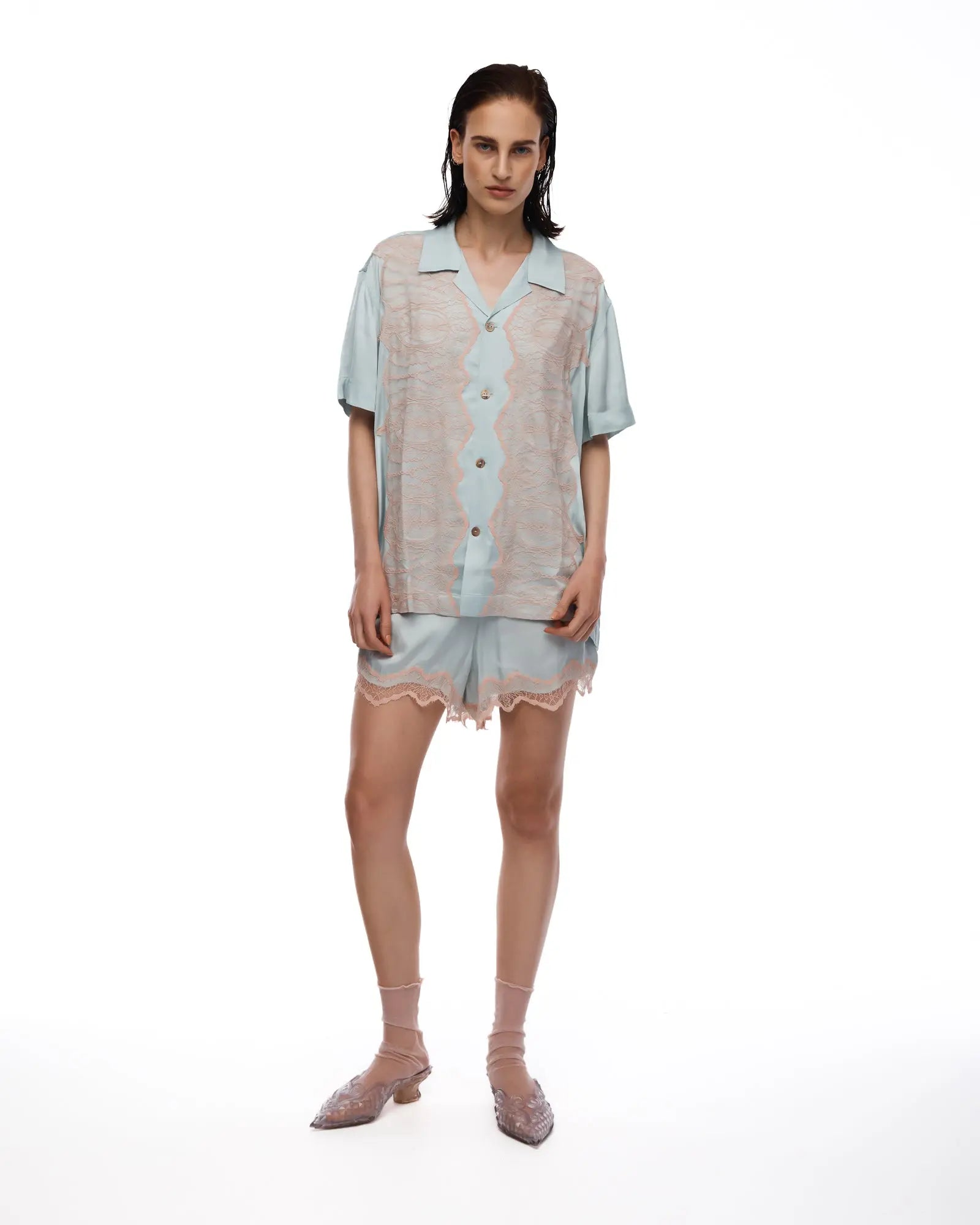 Pixie Satin Lace Camp Shirt by THE TALES - front view full length