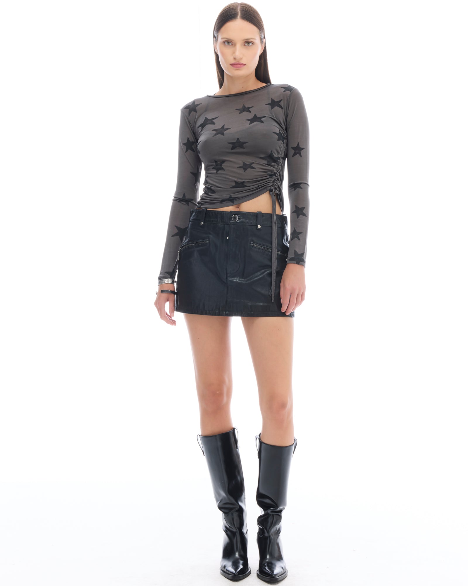 Black Star Mesh Ruched Longsleeve Top
