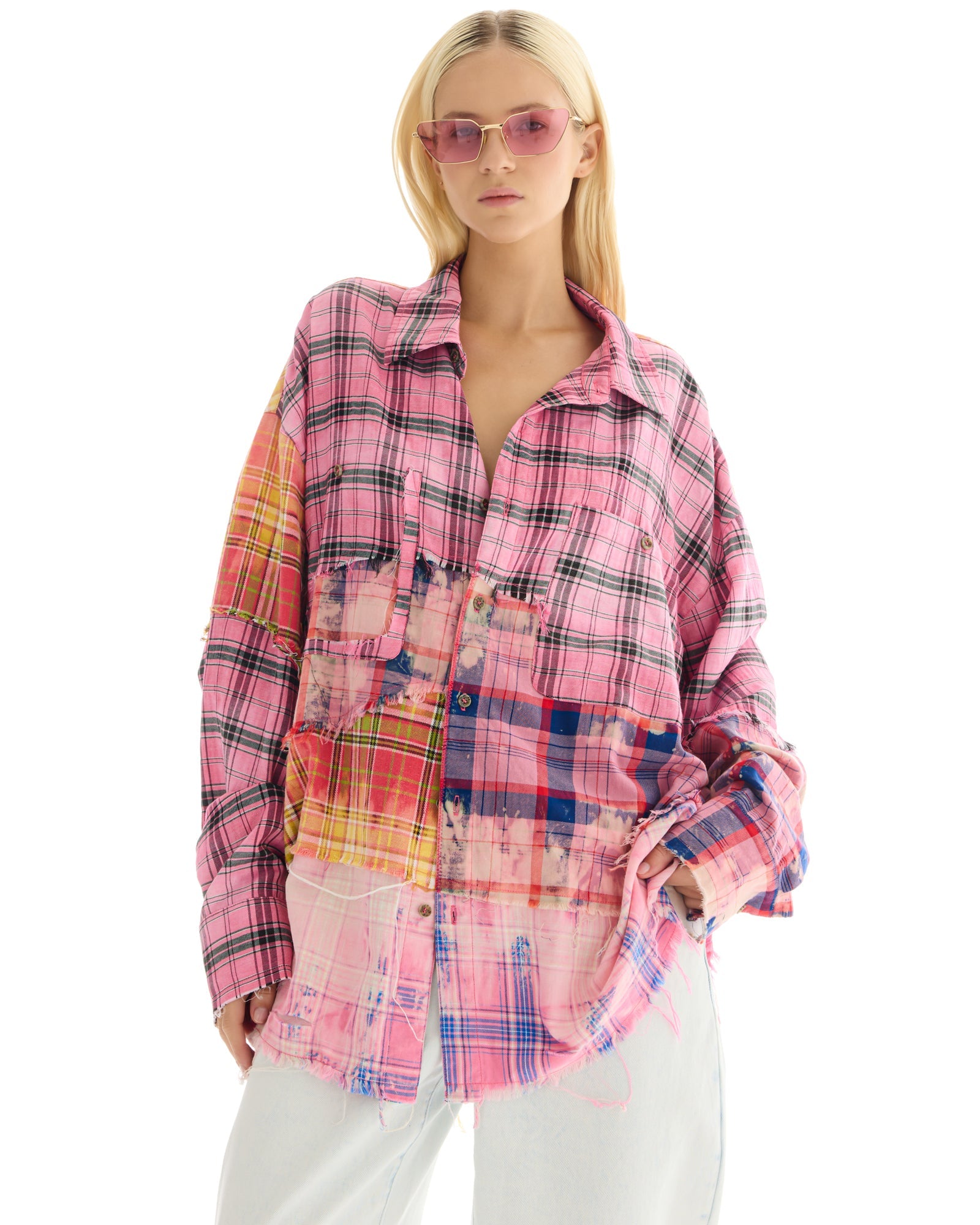 Reworked And Destroyed Mixed Check Shirt by THE TALES - side view