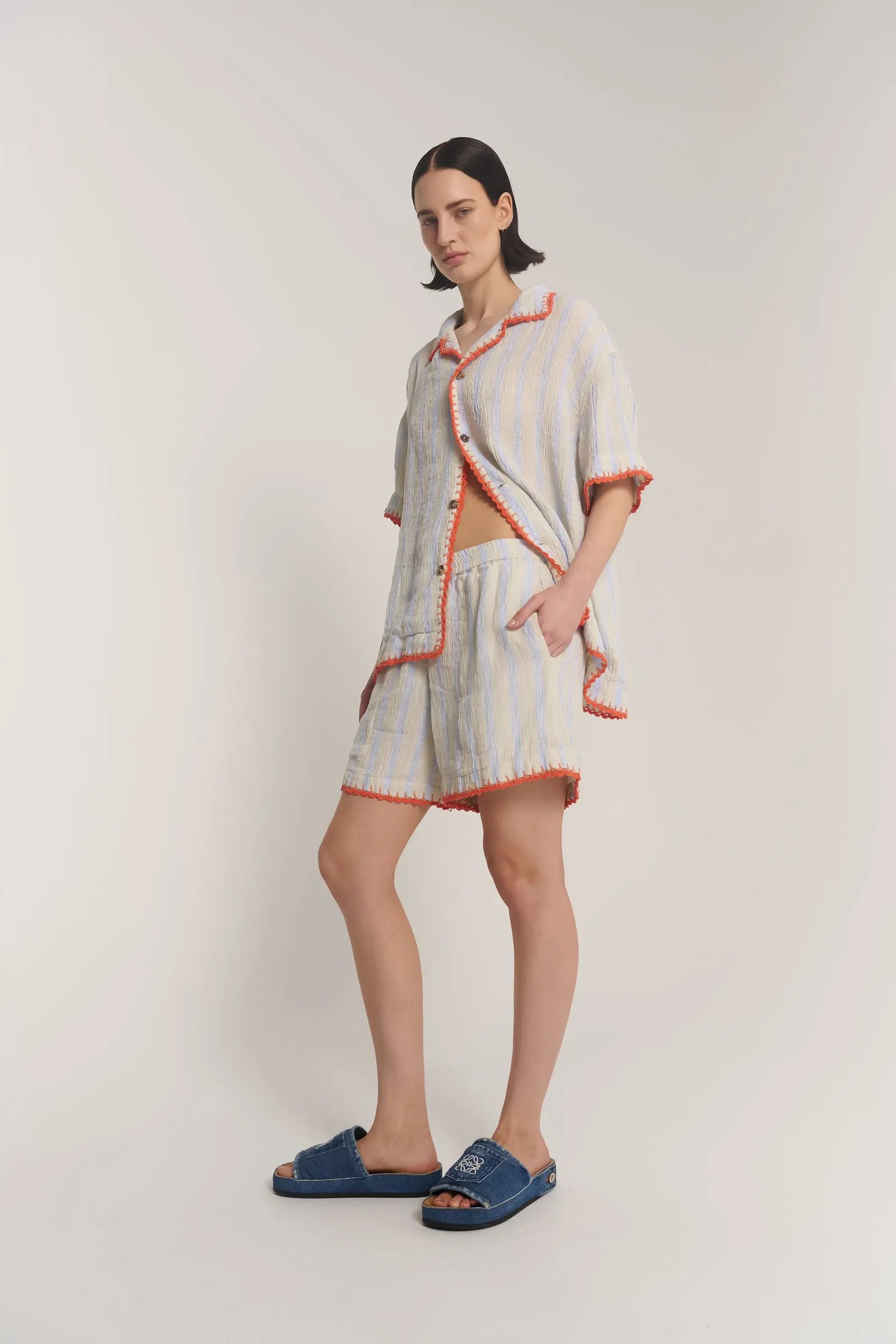 Hand Crochet Trimmed Stripe Linen Shorts by THE TALES - product photo