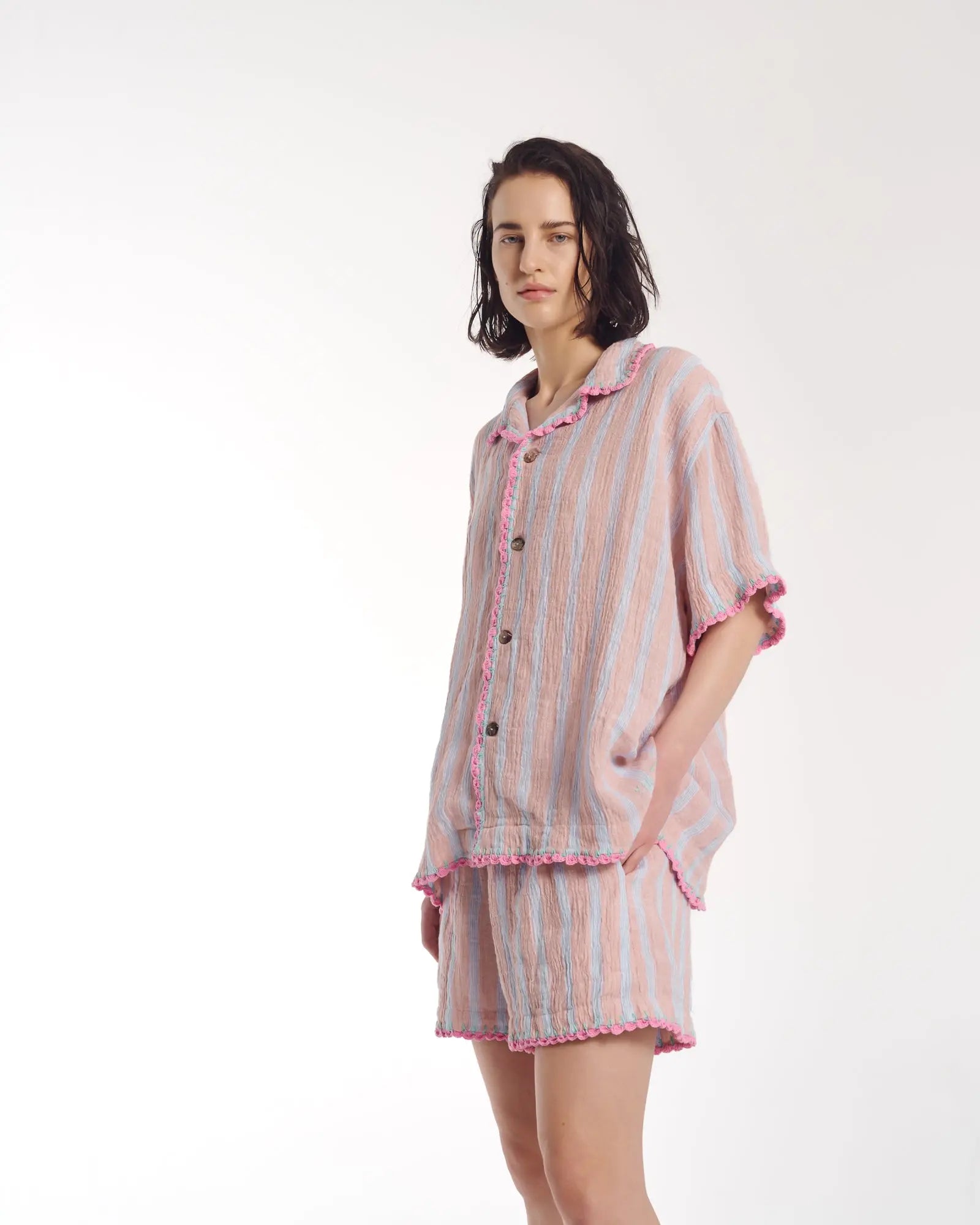Hand Crochet Trimmed Stripe Linen Shorts by THE TALES - side view