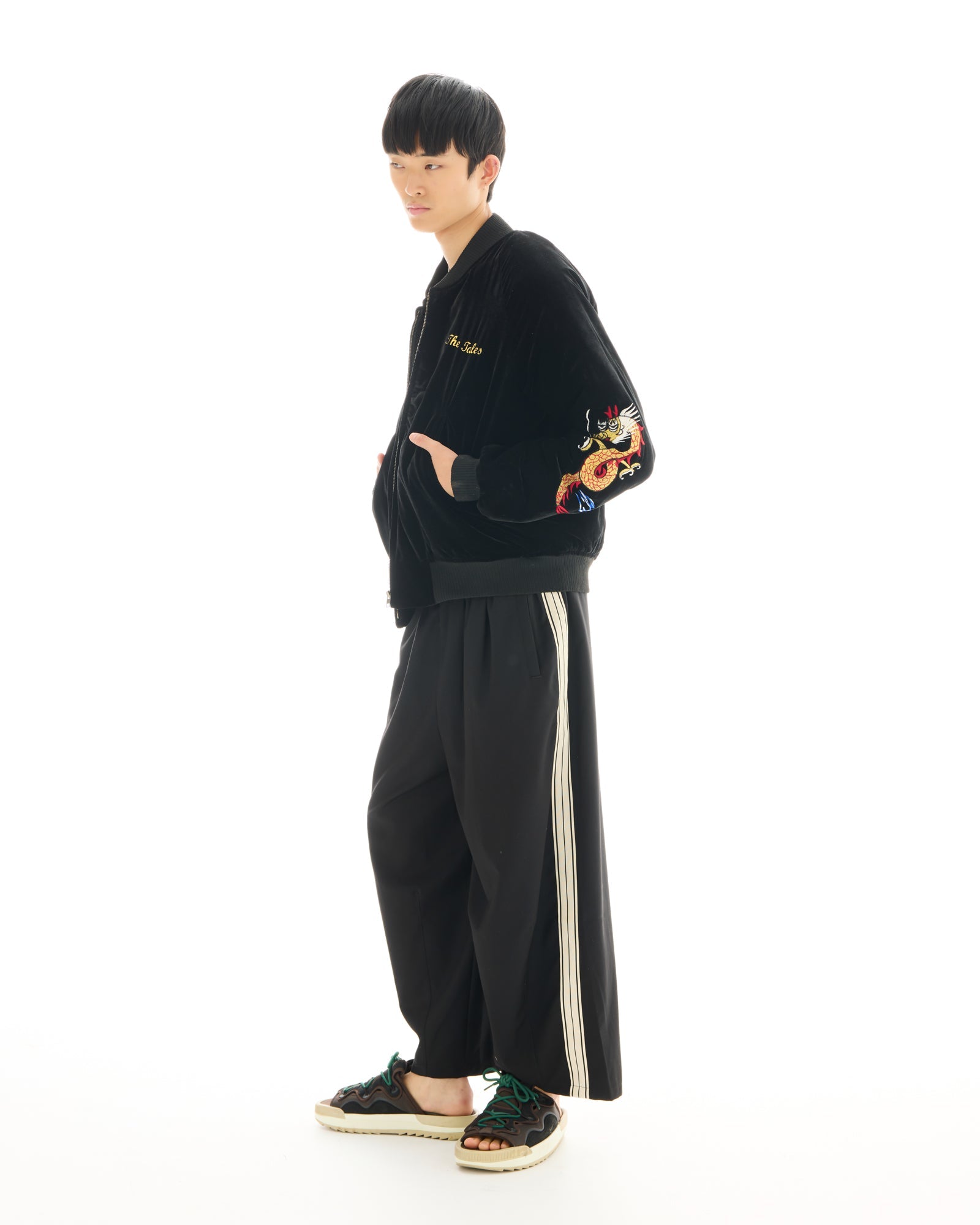 Tokyo Dragon Embroidered Velvet Bomber Jacket by THE TALES - detail view