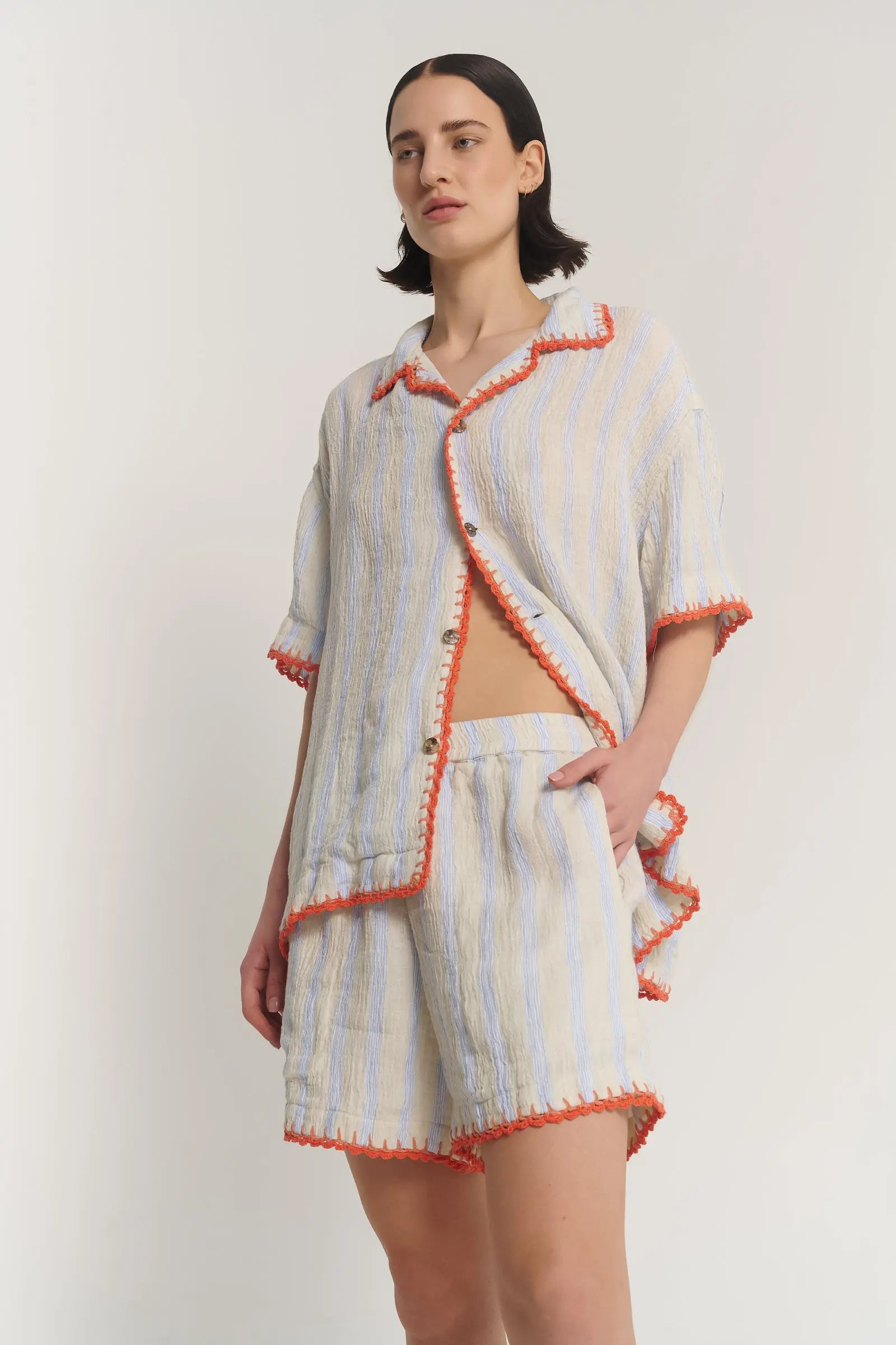 Hand Crochet Trimmed Stripe Linen Shorts by THE TALES - product photo
