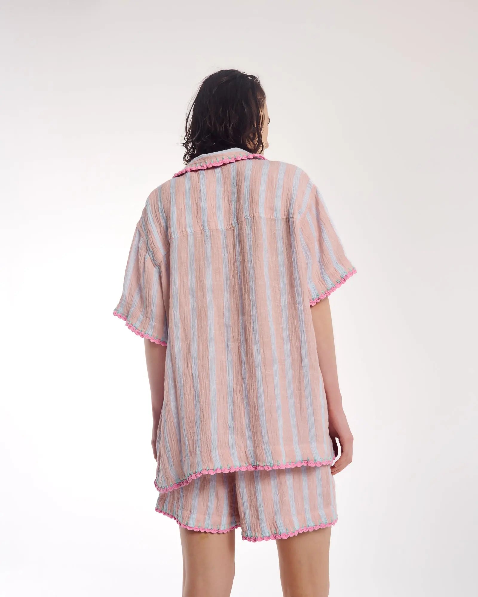 Hand Crochet Trimmed Stripe Linen Shorts by THE TALES - detail view