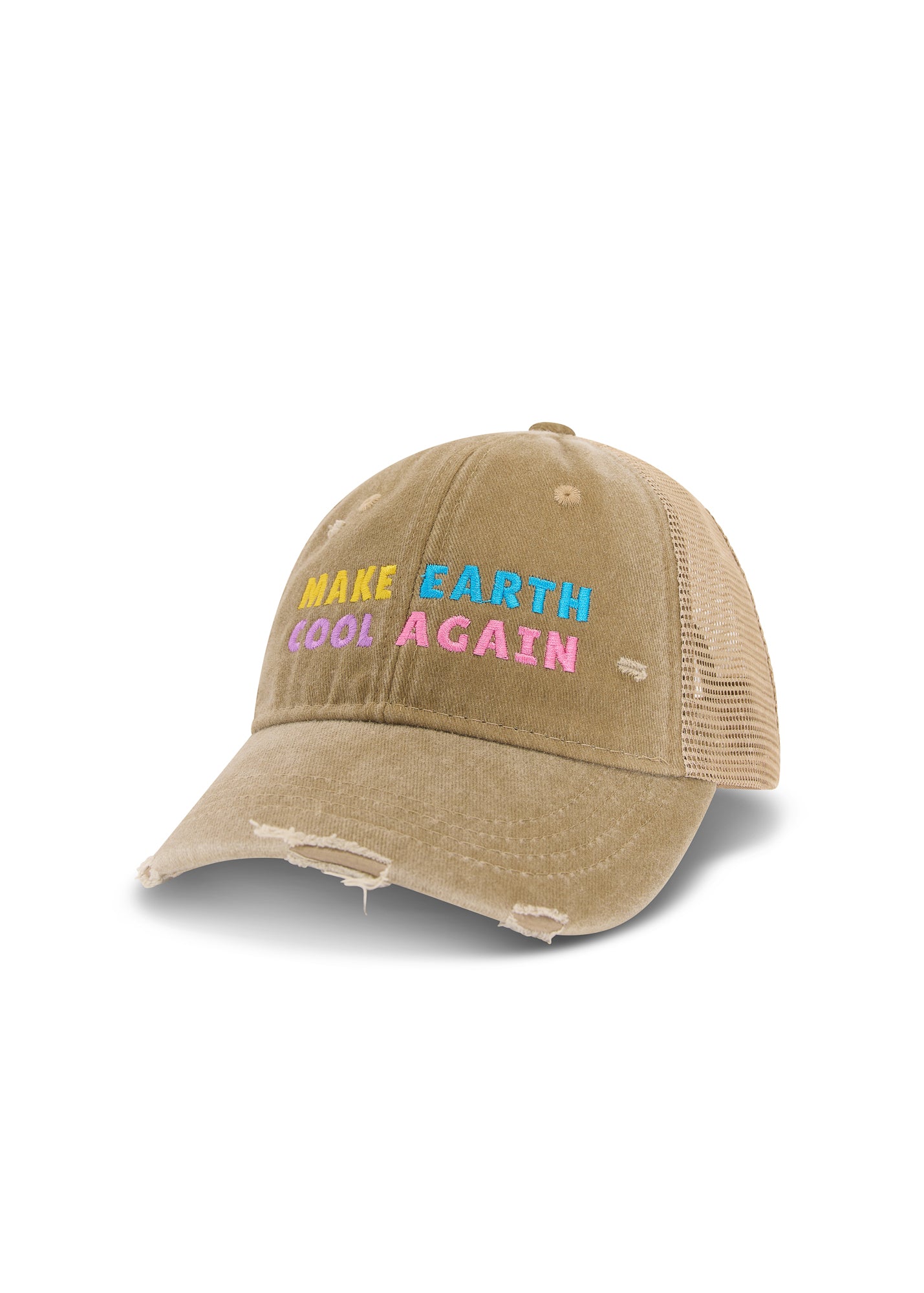 Make Earth Cool Again Destroyed Trucker Cap by THE TALES - front view