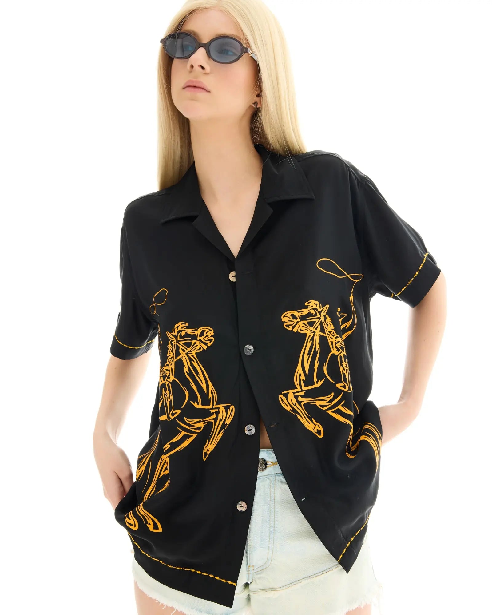 Cowboy Silk Shirt by THE TALES - black colorway editorial