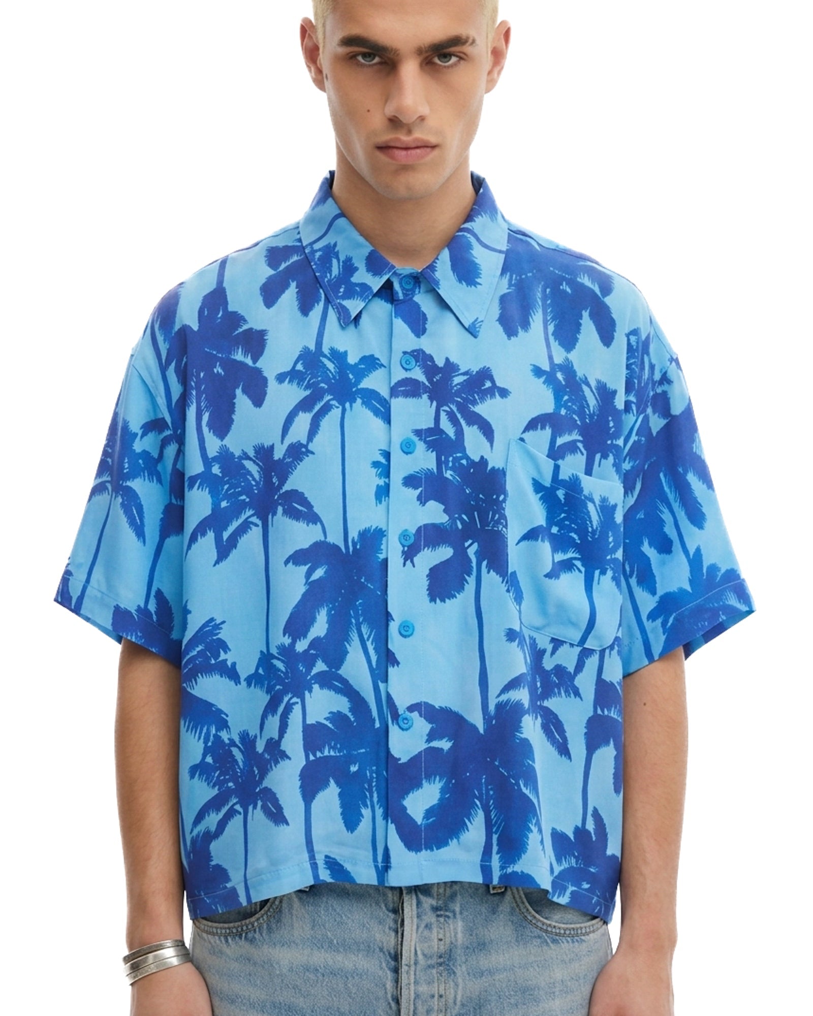Blue Palm Oversized Silk Shirt THE TALES