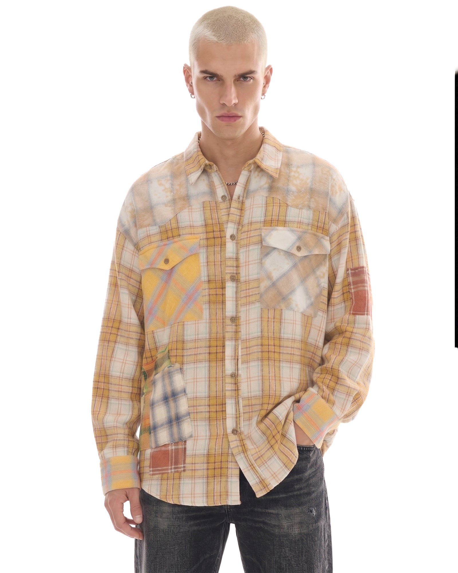 Patched Up Yellow Flannel Western Shirt