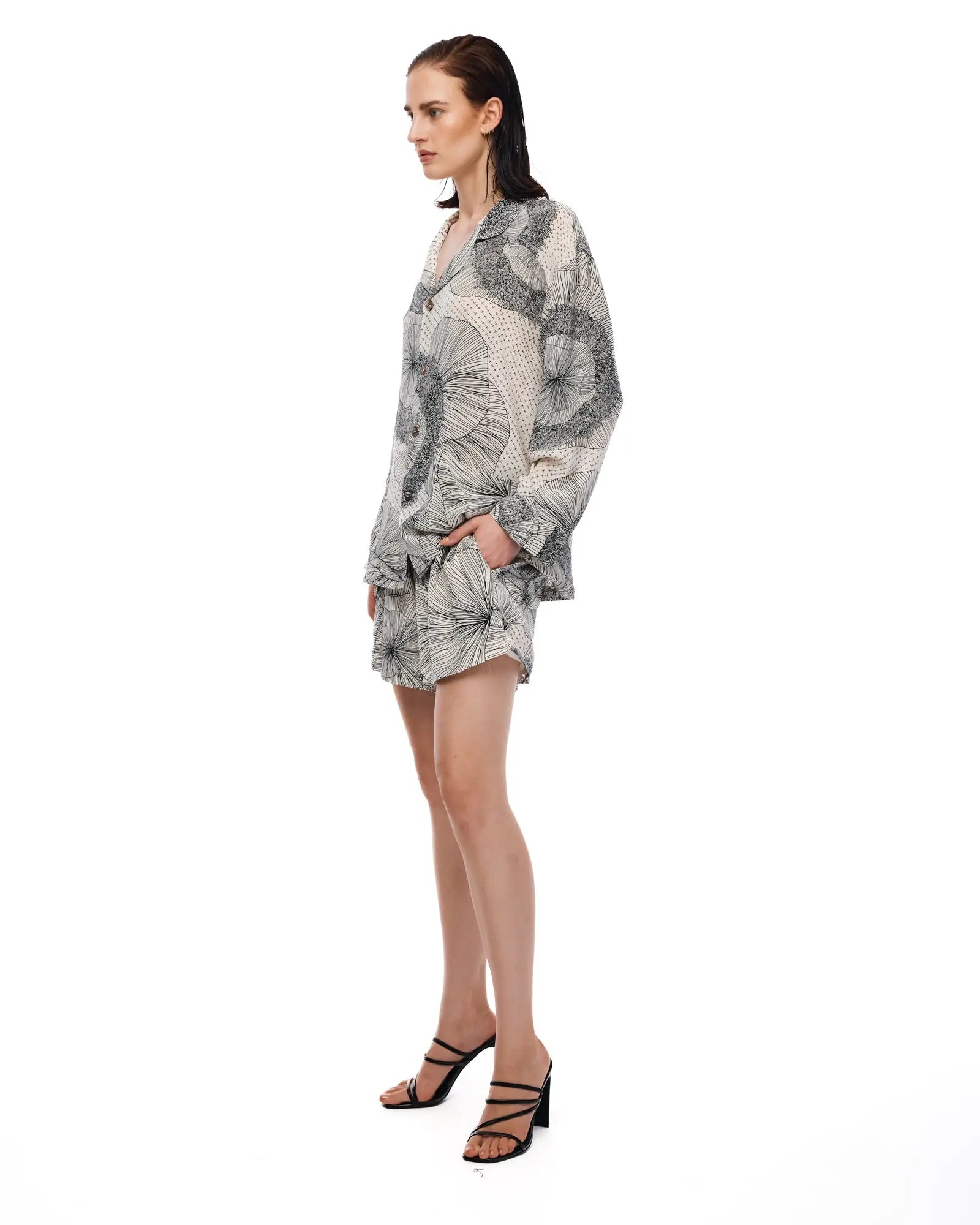 Illustrated Flower Crepe Peasant Shirt by THE TALES - close-up detail