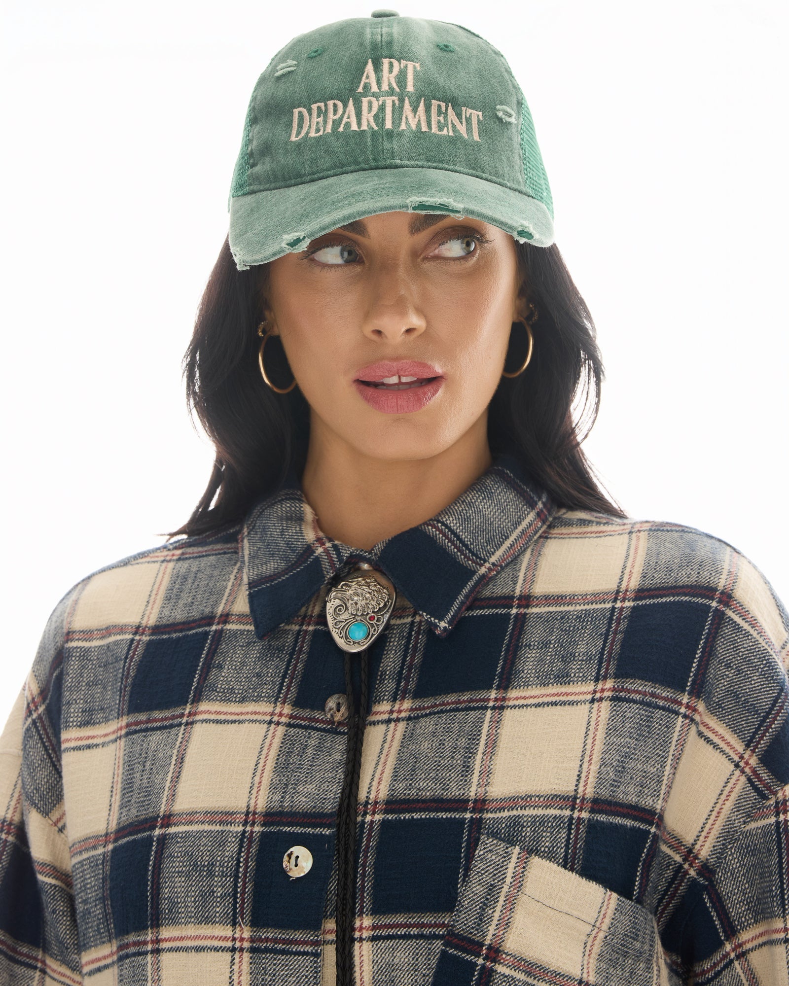 Destroyed Art Department Green Trucker Cap by THE TALES - detail view
