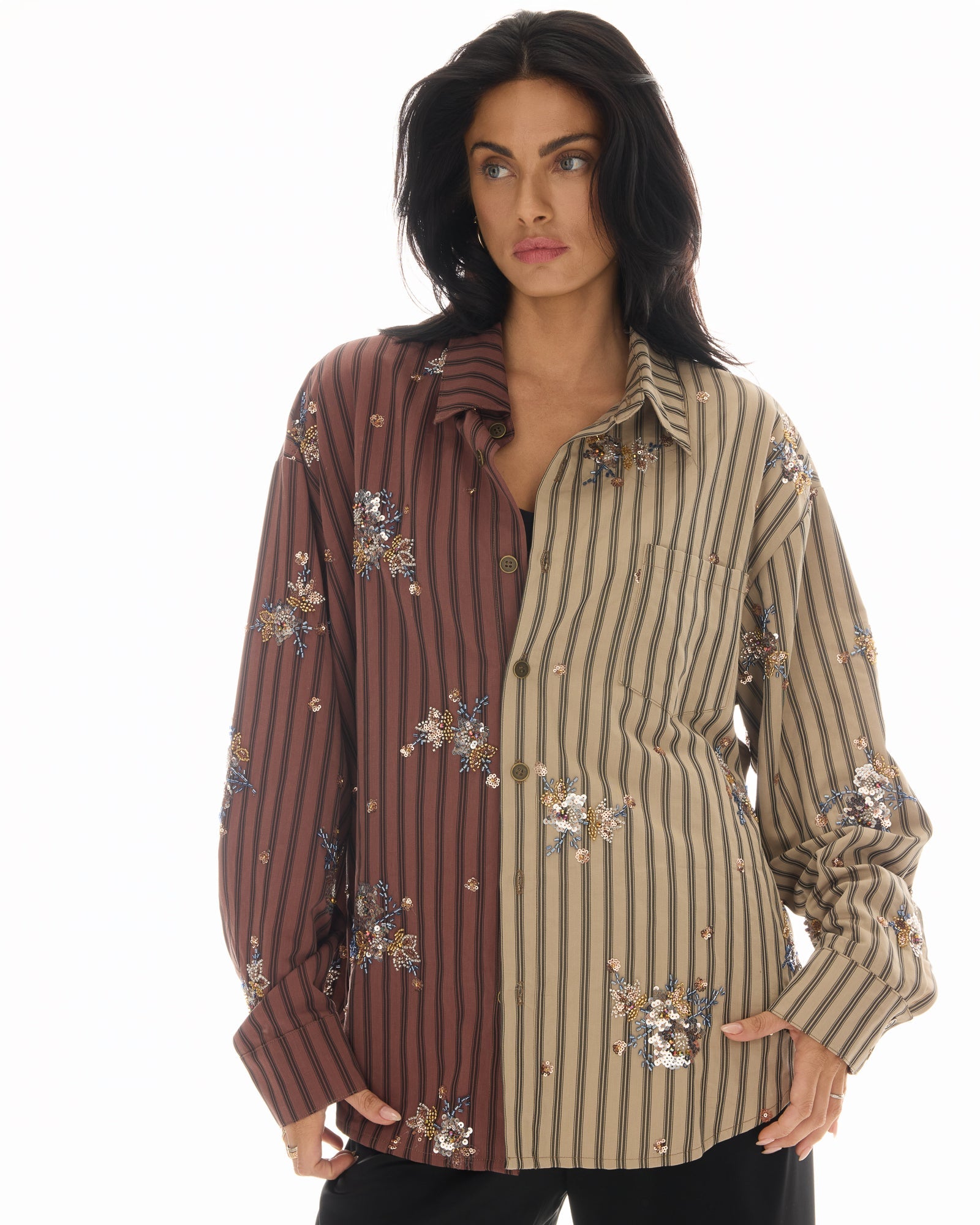 Embellished Half n Half Stripe Shirt by THE TALES - front view