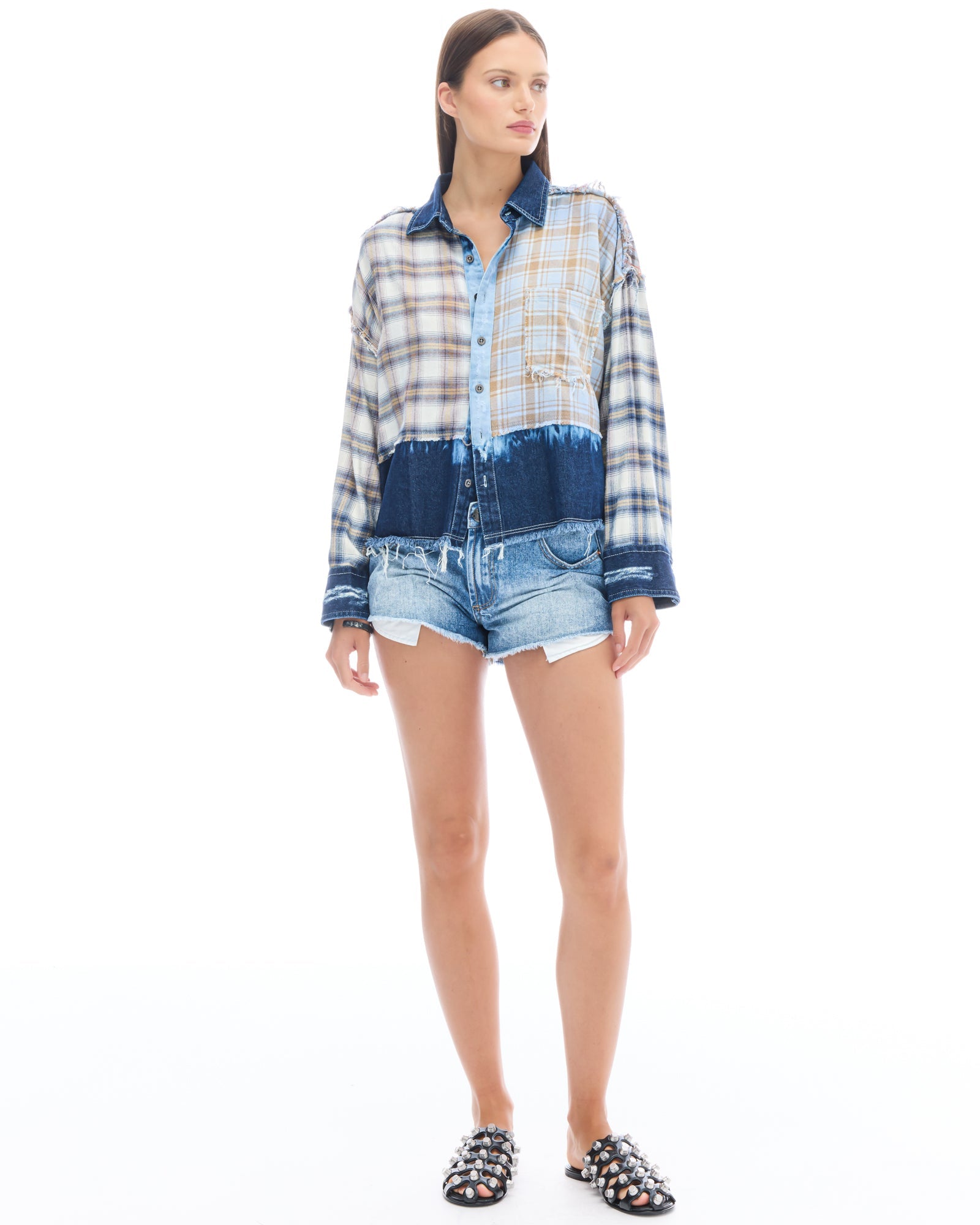 Mixed Flannel And Denim Shirt by THE TALES - side view