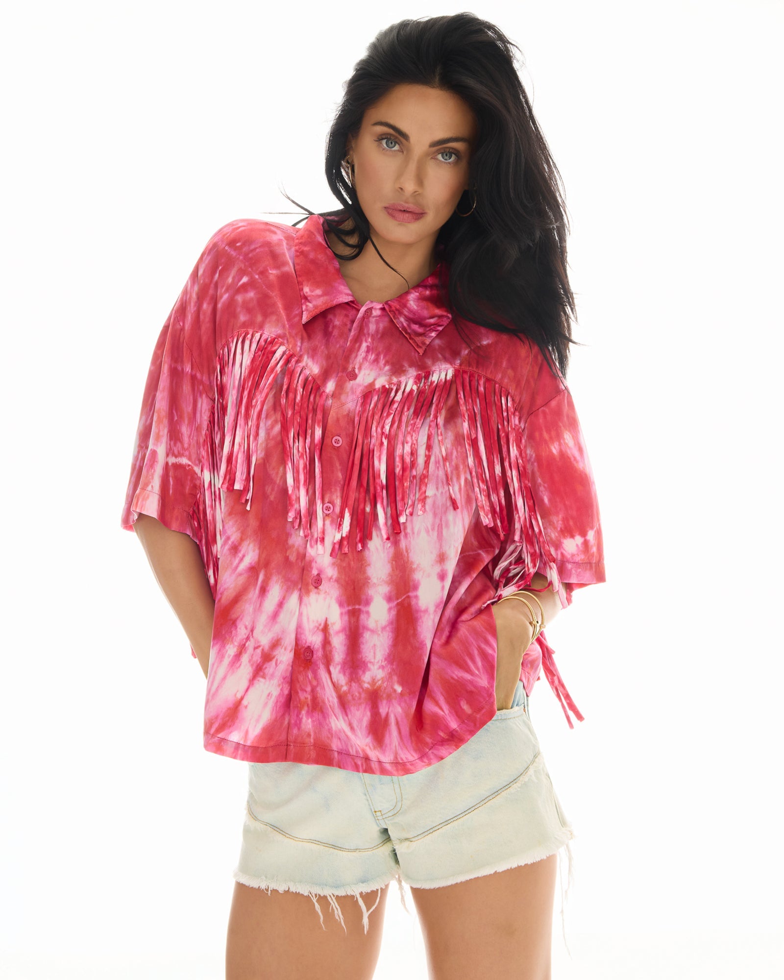 Ibiza Sky Hand Dyed Fringed Shirt by THE TALES - detail view