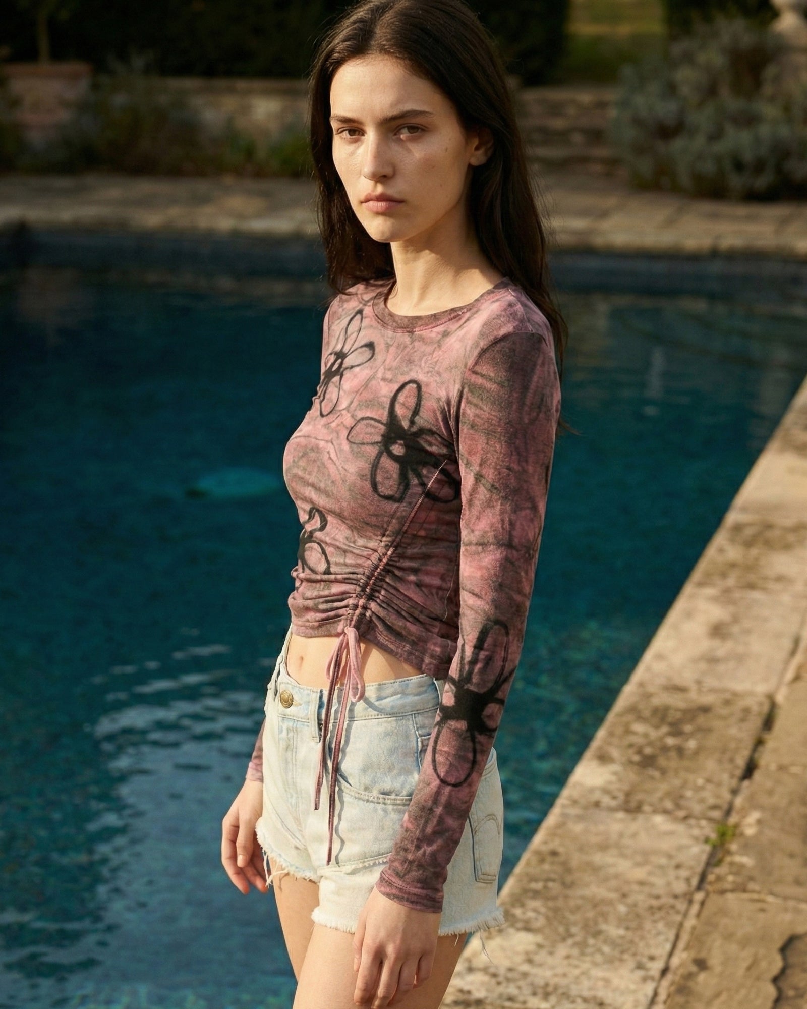 Hand Sprayed Flower Bamboo Ruched Top by THE TALES - product photo