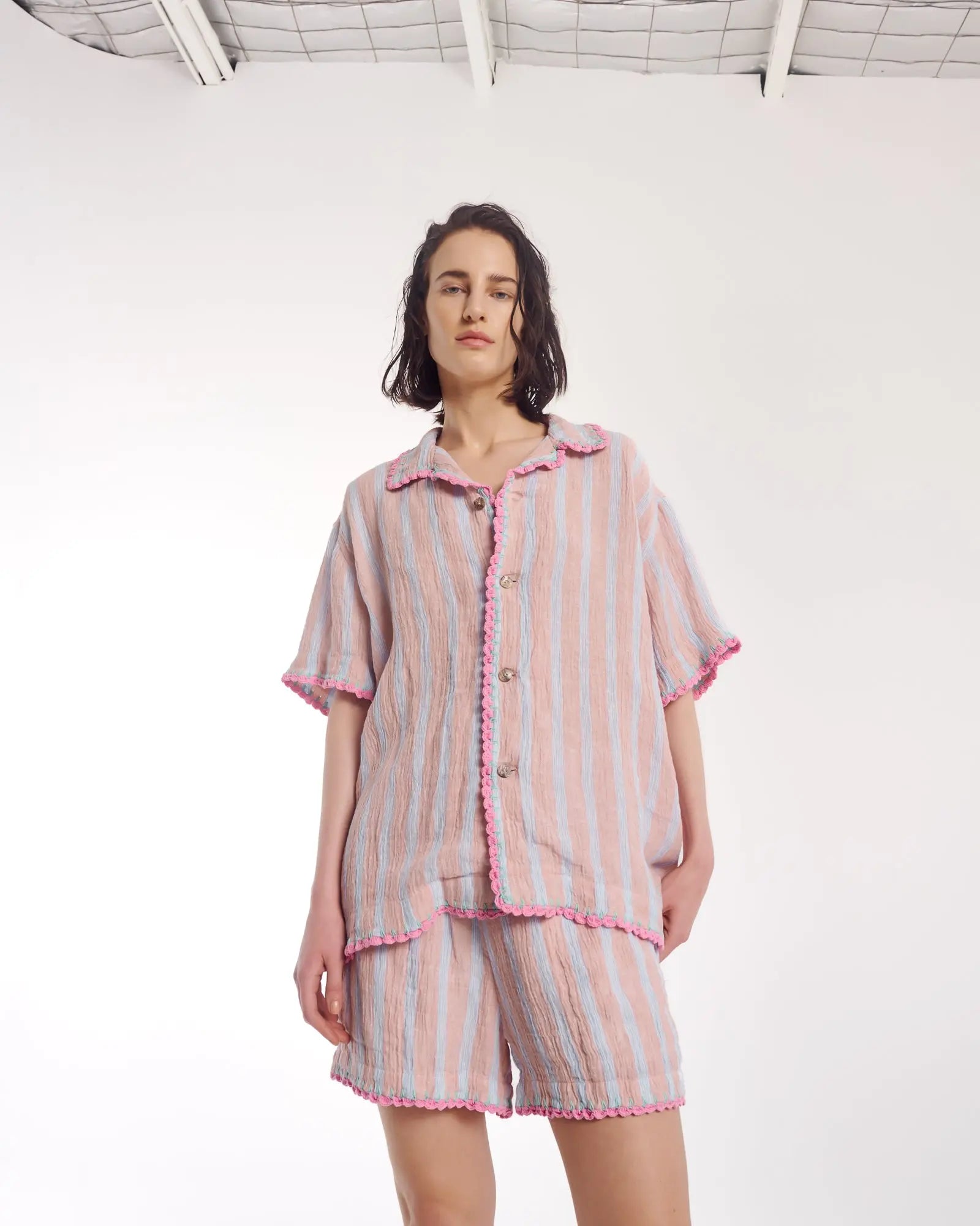 Hand Crochet Trimmed Stripe Linen Shorts by THE TALES - product photo