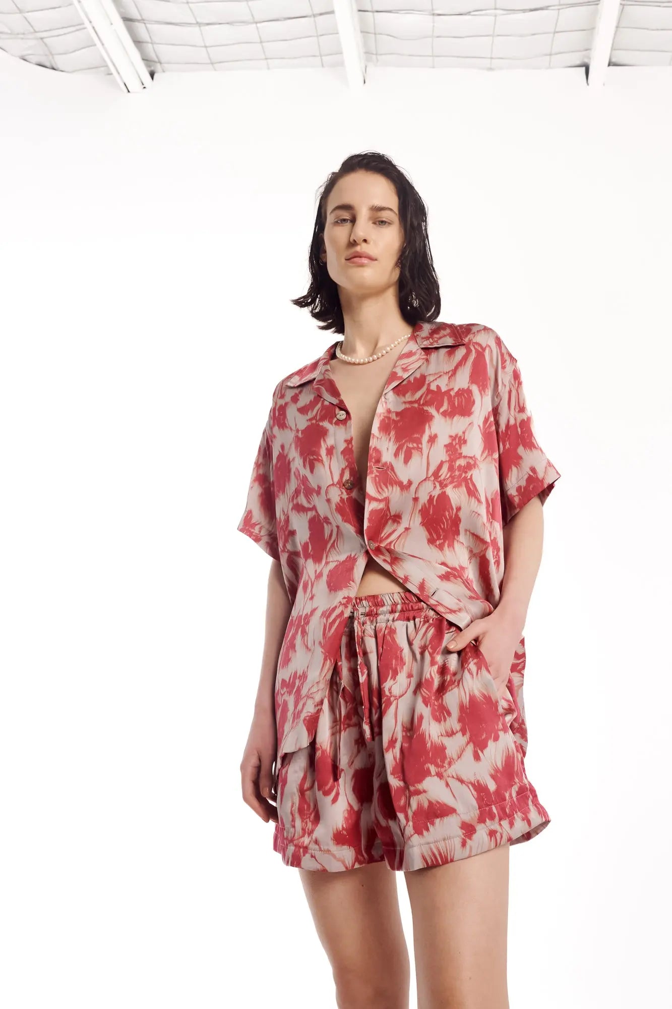 Italian Rose Satin Camp Shirt by THE TALES - close-up detail