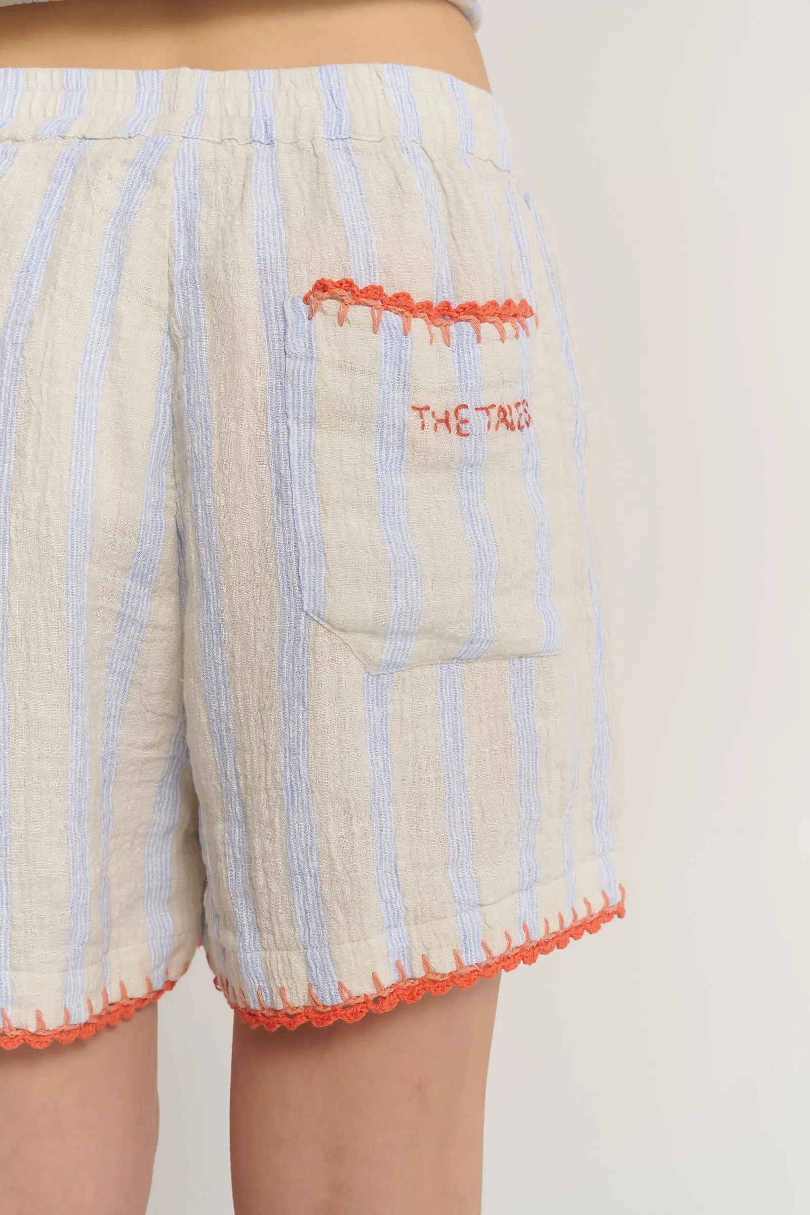 Hand Crochet Trimmed Stripe Linen Shorts by THE TALES - product photo