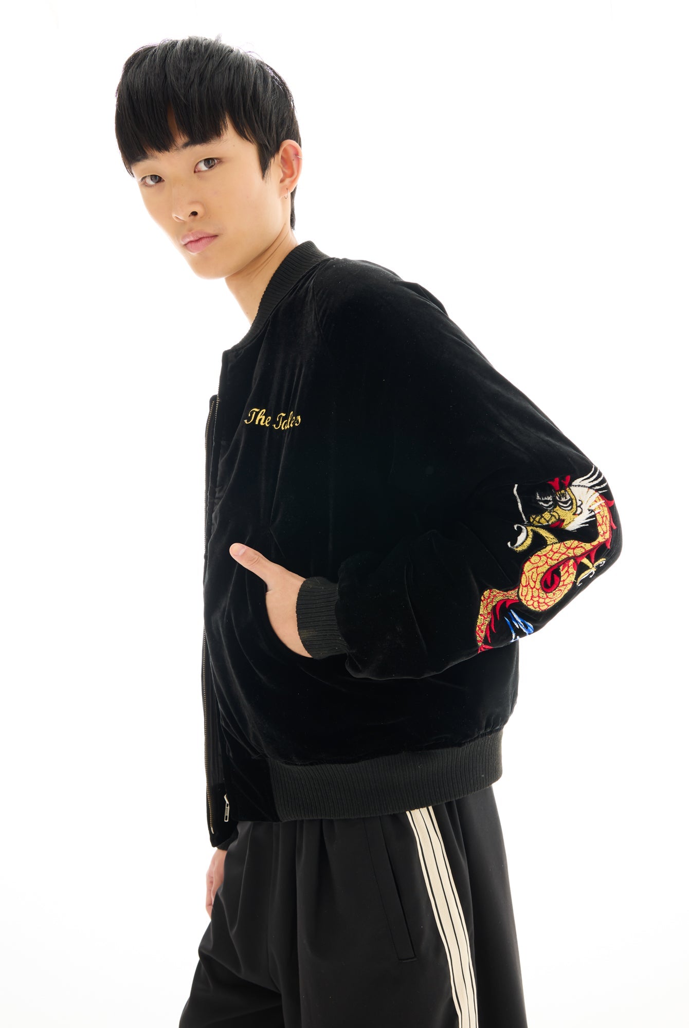 Tokyo Dragon Embroidered Velvet Bomber Jacket by THE TALES - product photo