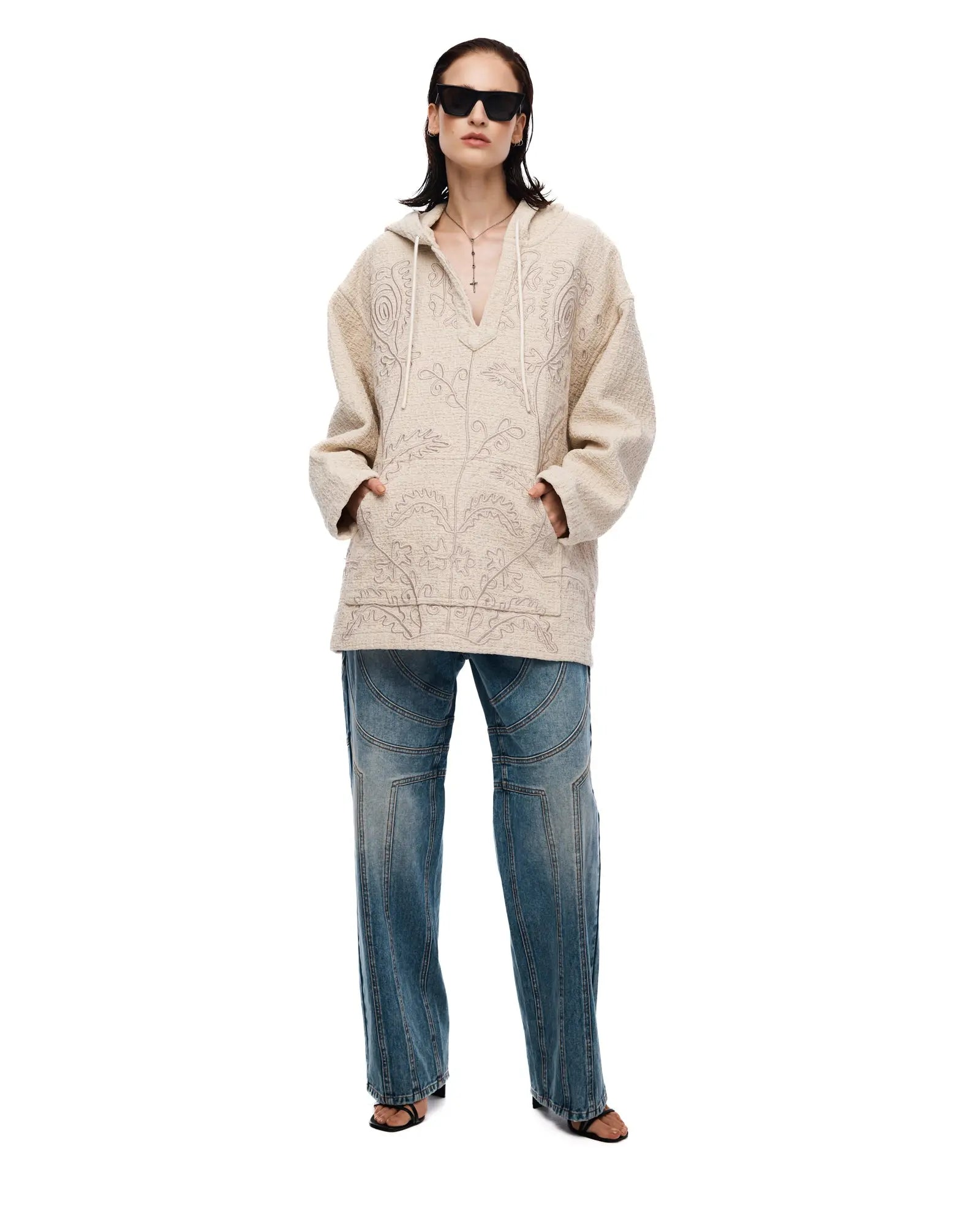 Textured Flower Embroidered Hooded Jacket by THE TALES - side view