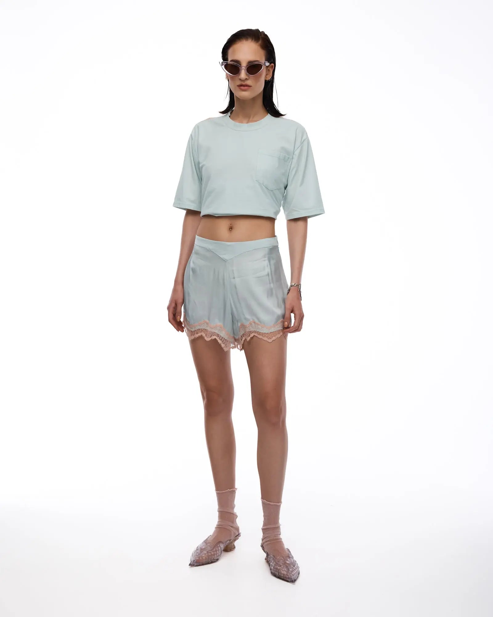 Satin Lace Pixie Shorts by THE TALES - front view full length