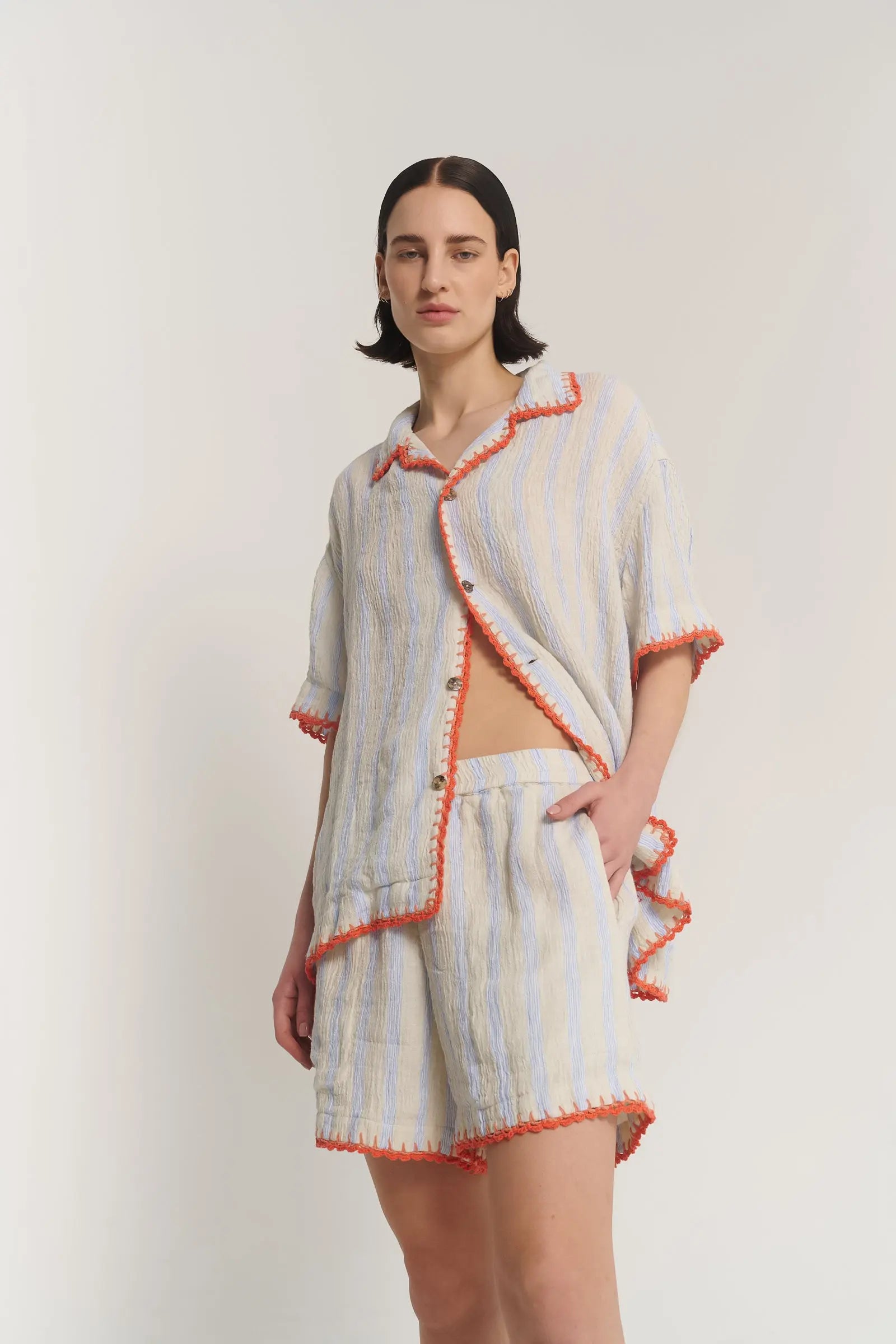 Hand Crochet Trimmed Stripe Linen Shorts by THE TALES - product photo