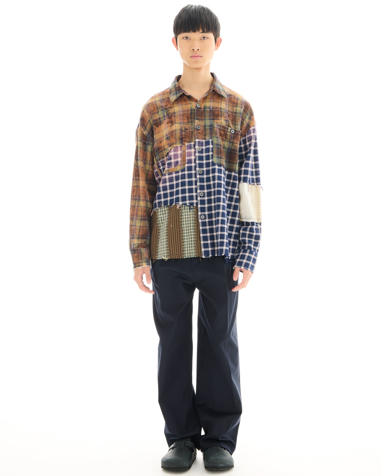 Reworked and Destroyed Mixed Check Shirt by THE TALES - detail view