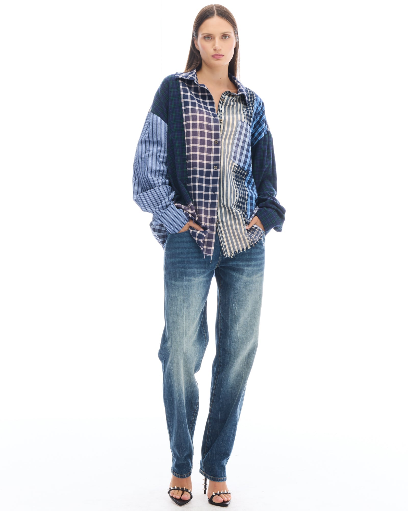 Patchwork Check Stripe Shirt by THE TALES - front view