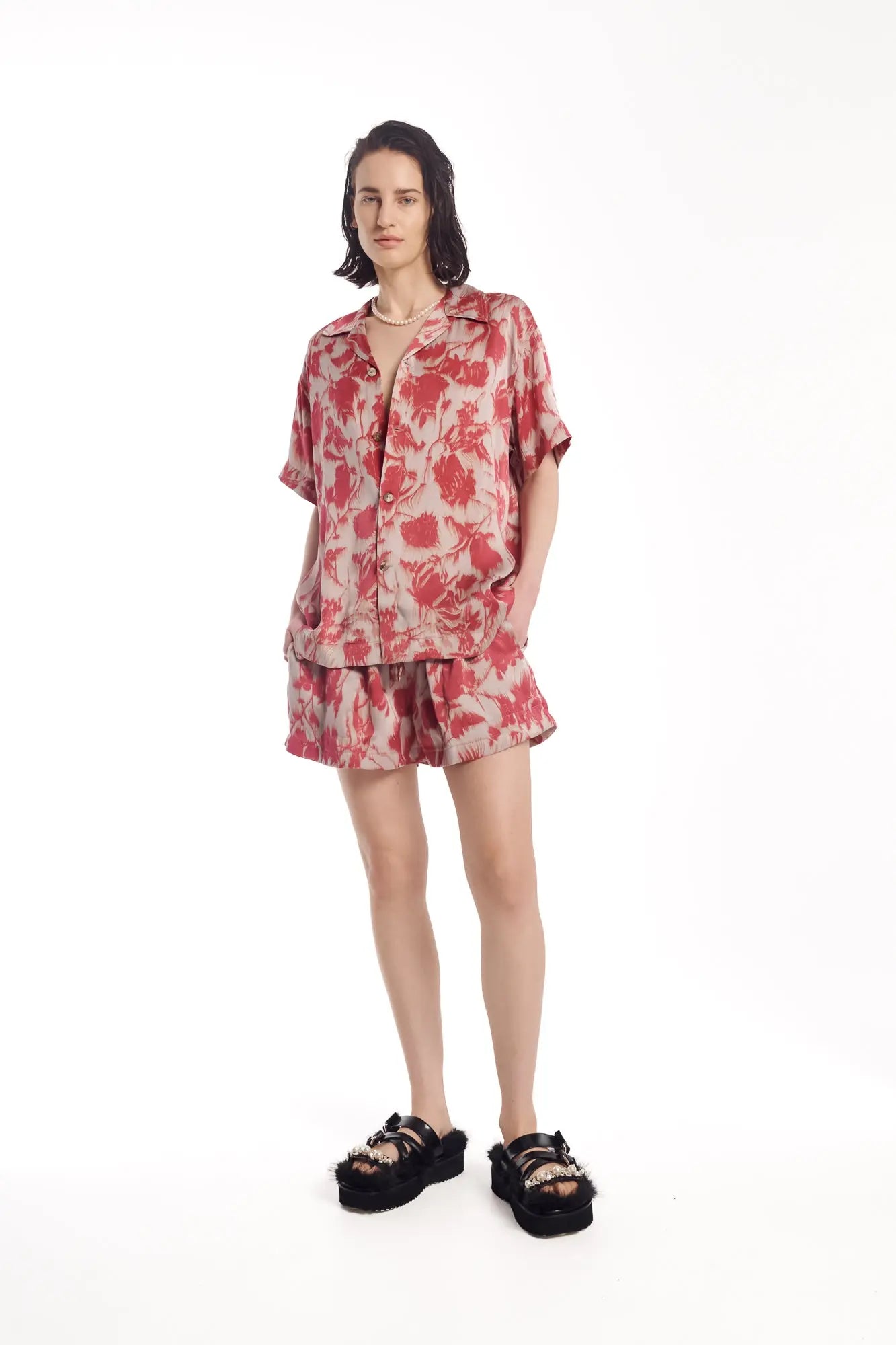 Italian Rose Satin Camp Shirt by THE TALES - front view