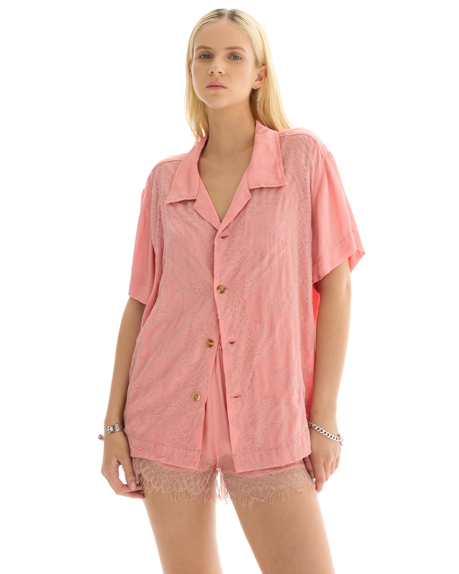 Pink Pixie Satin Lace Camp Shirt by THE TALES - front view