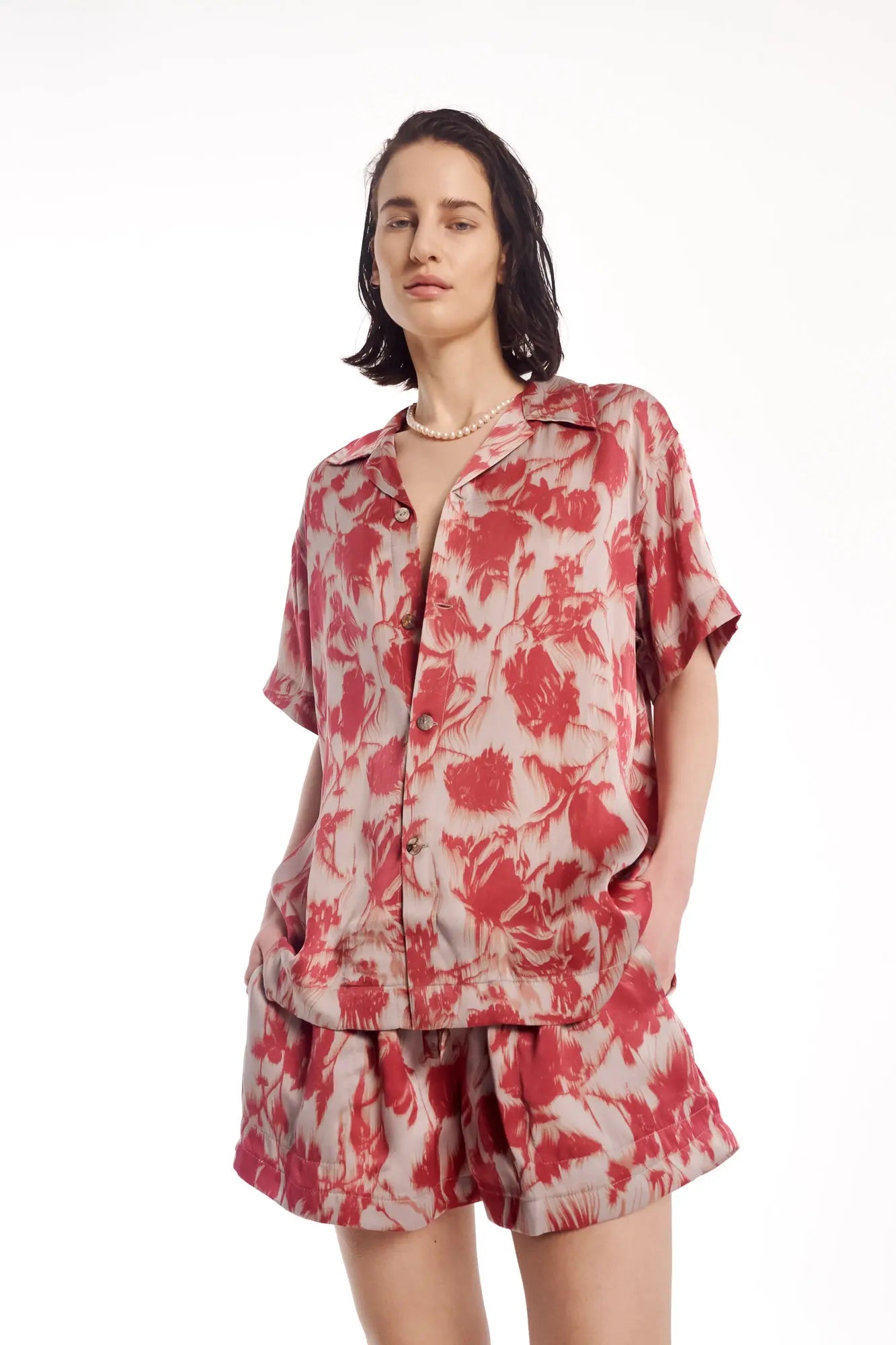 Italian Rose Satin Camp Shirt by THE TALES - side view