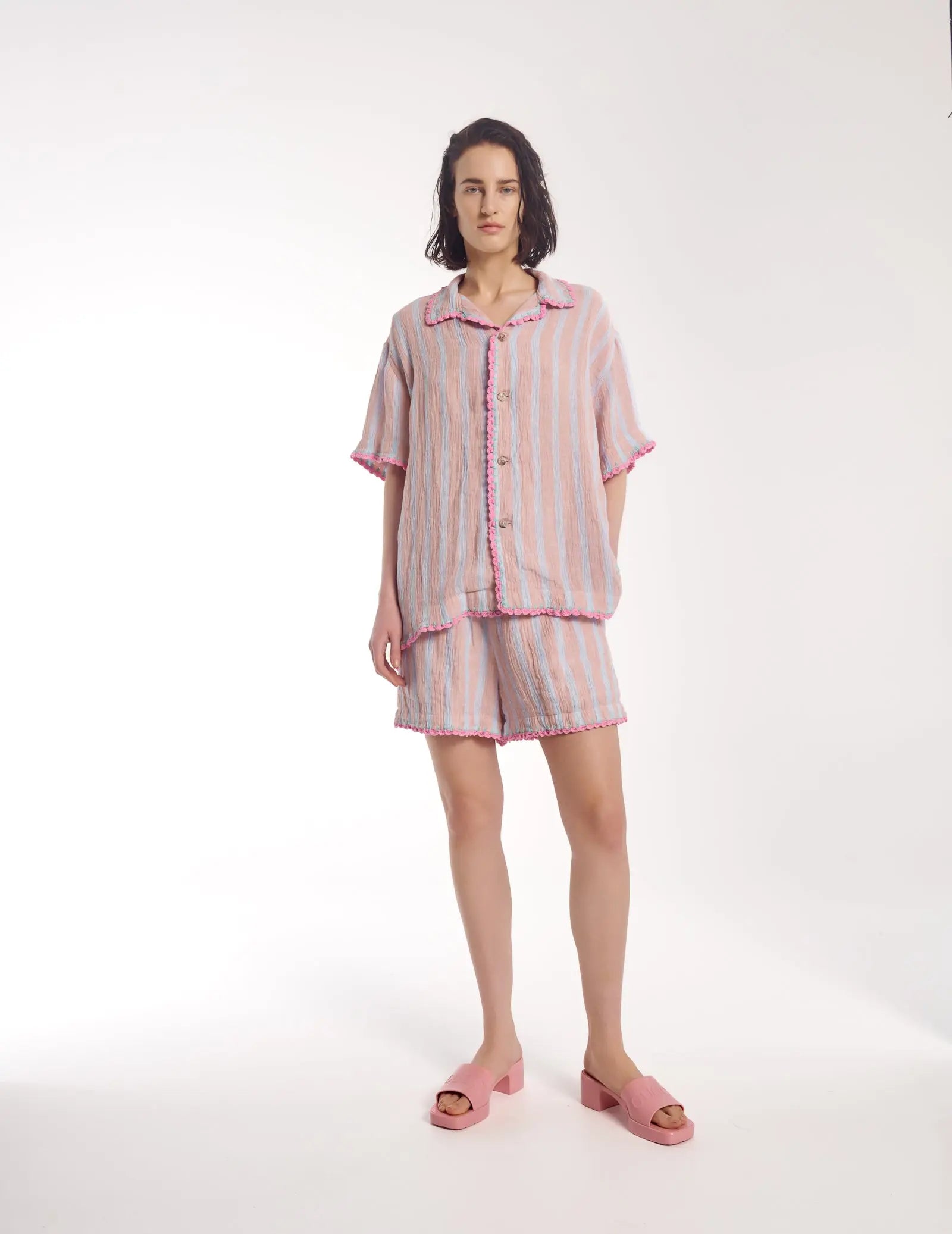 Hand Crochet Trimmed Stripe Linen Shorts by THE TALES - back view