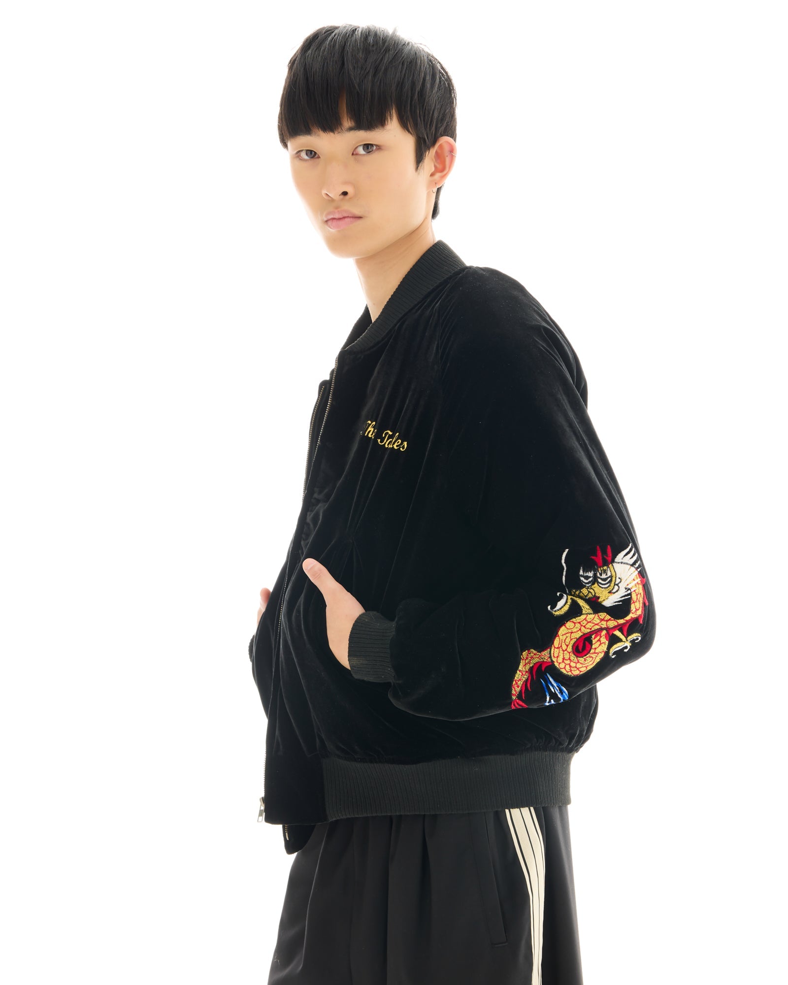 Tokyo Dragon Embroidered Velvet Bomber Jacket by THE TALES - close-up detail