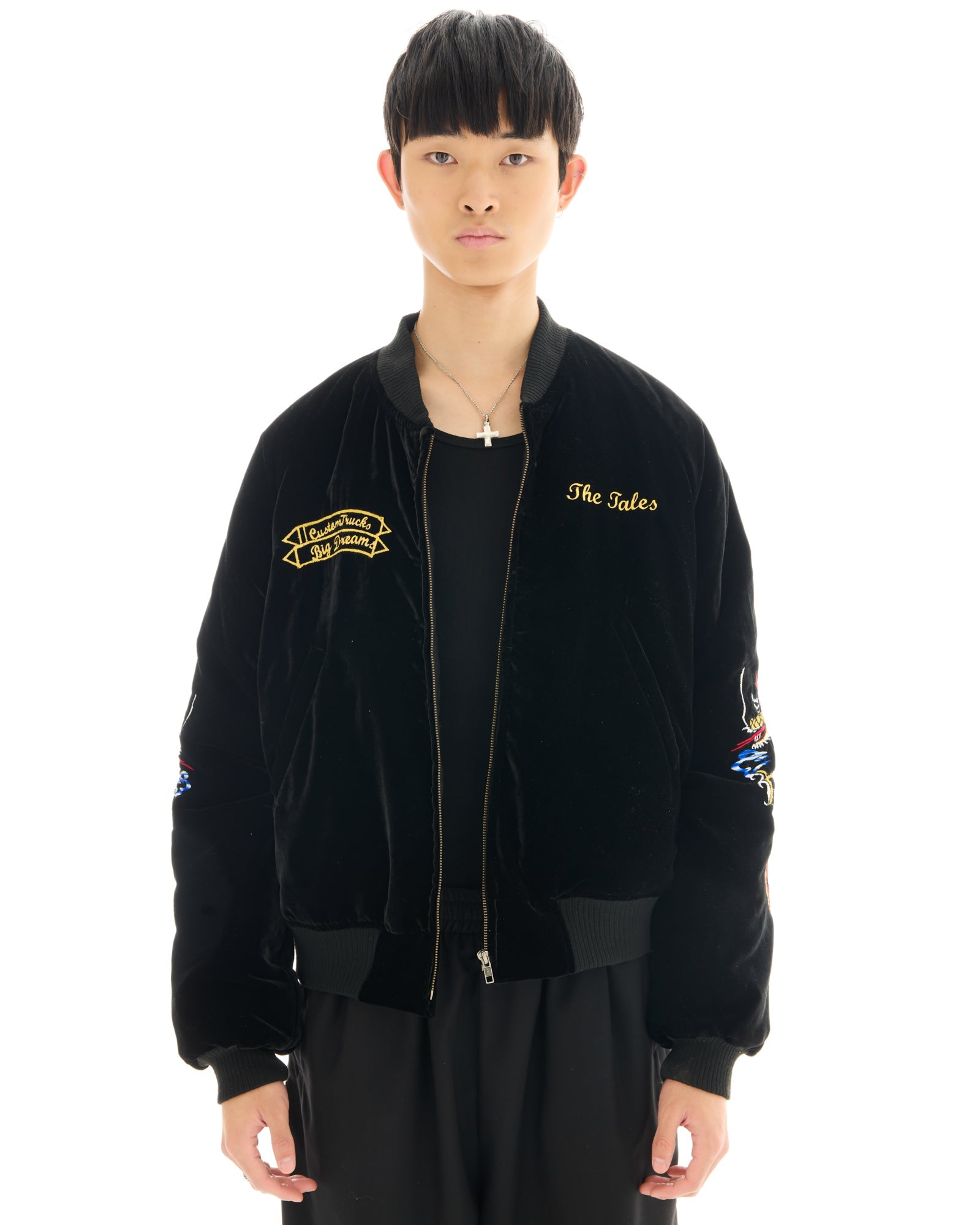 Tokyo Dragon Embroidered Velvet Bomber Jacket by THE TALES - side view