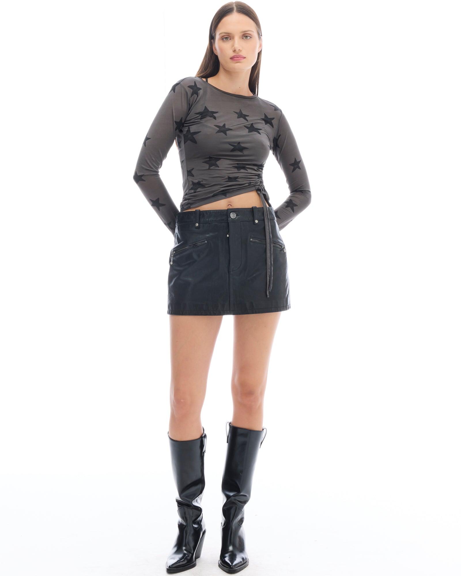 Black Star Mesh Ruched Longsleeve Top