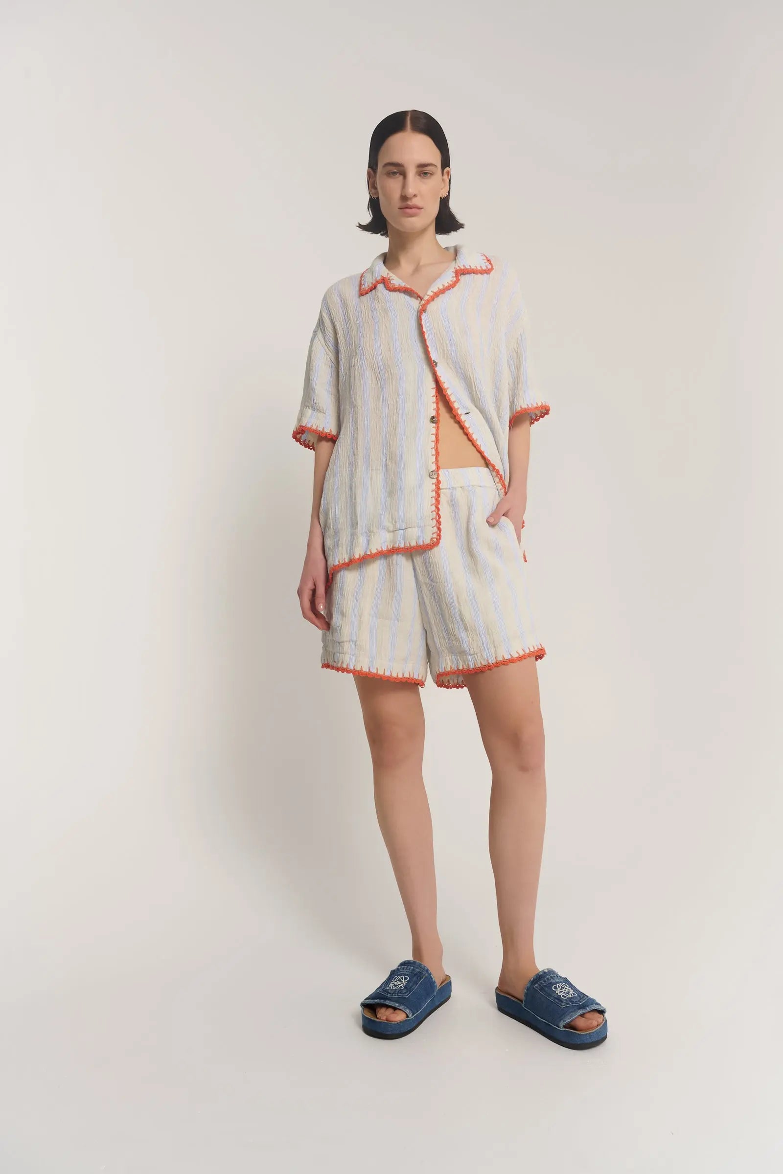 Hand Crochet Trimmed Stripe Linen Shorts by THE TALES - product photo