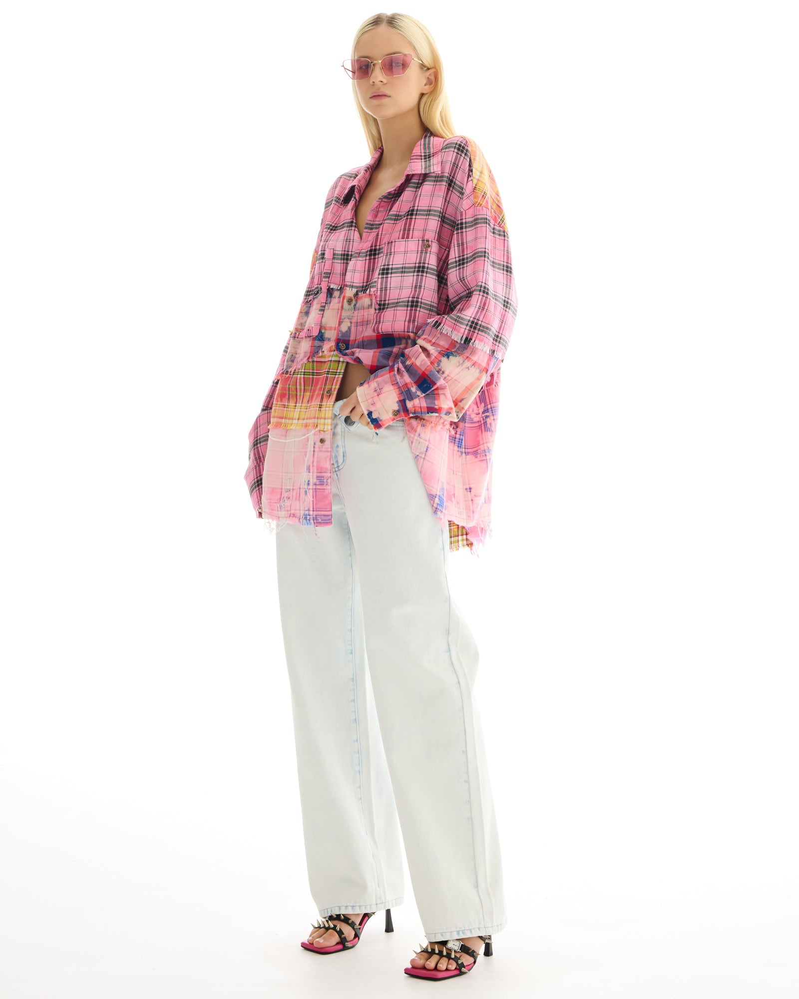 Reworked And Destroyed Mixed Check Shirt by THE TALES - close-up detail
