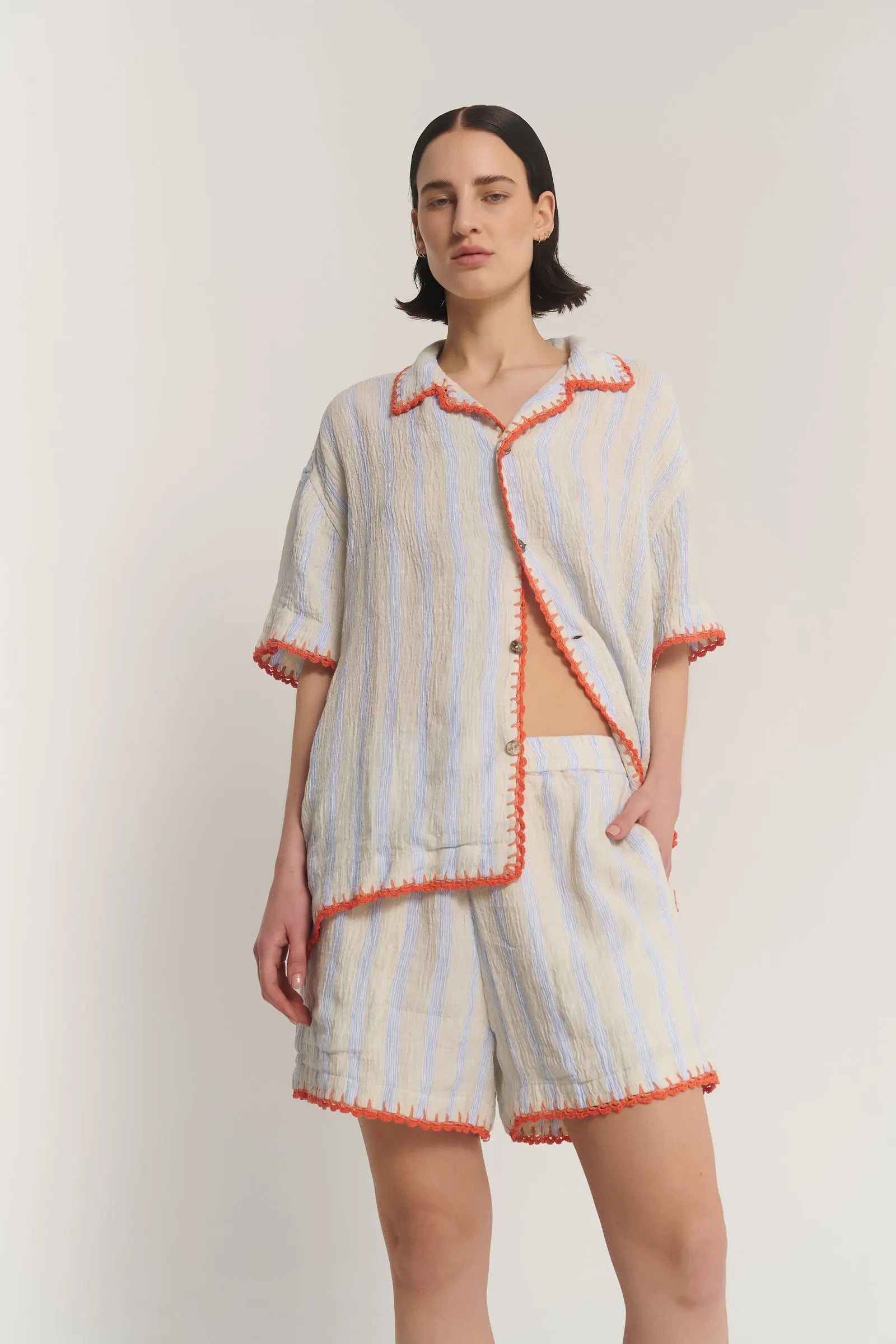Hand Crochet Trimmed Stripe Linen Shorts by THE TALES - product photo