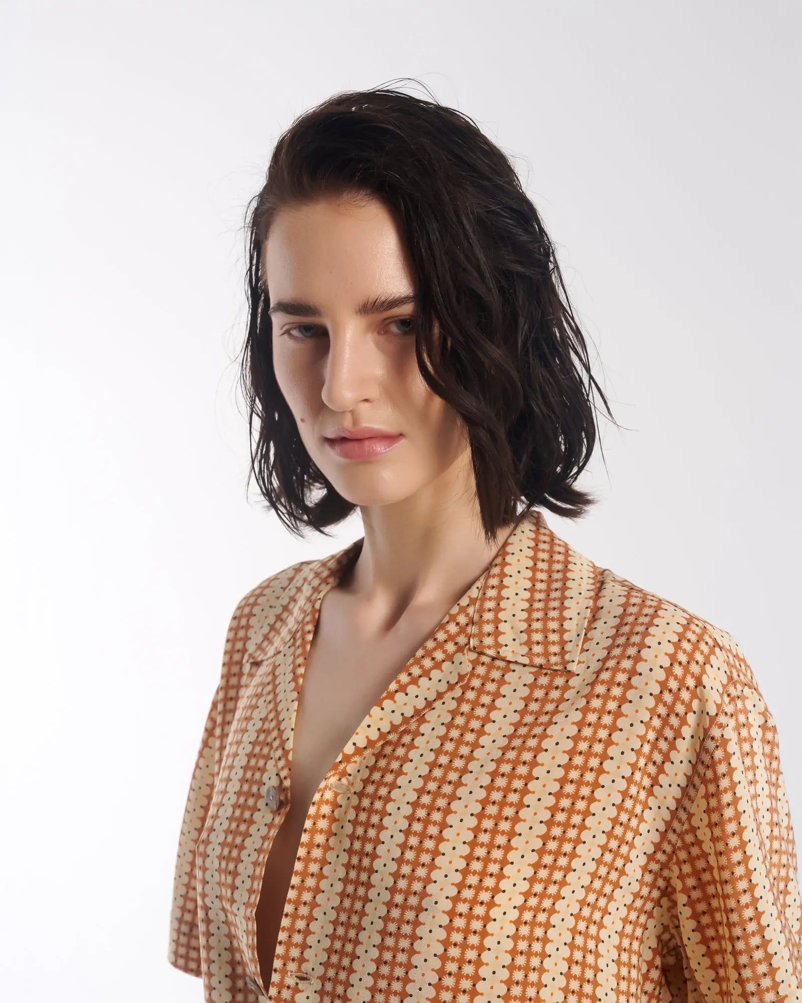 Retro Daisy Crepe Camp Shirt by THE TALES - styled view