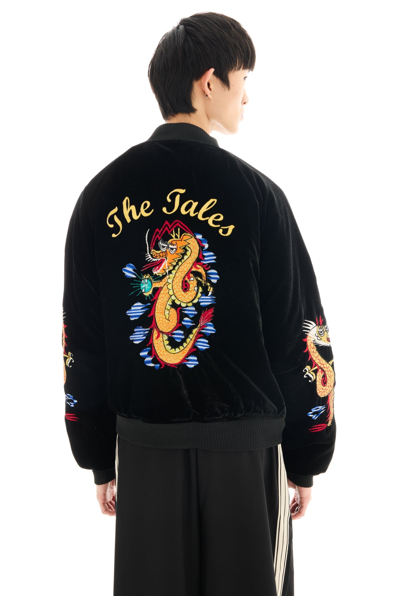 Tokyo Dragon Embroidered Velvet Bomber Jacket by THE TALES - front view