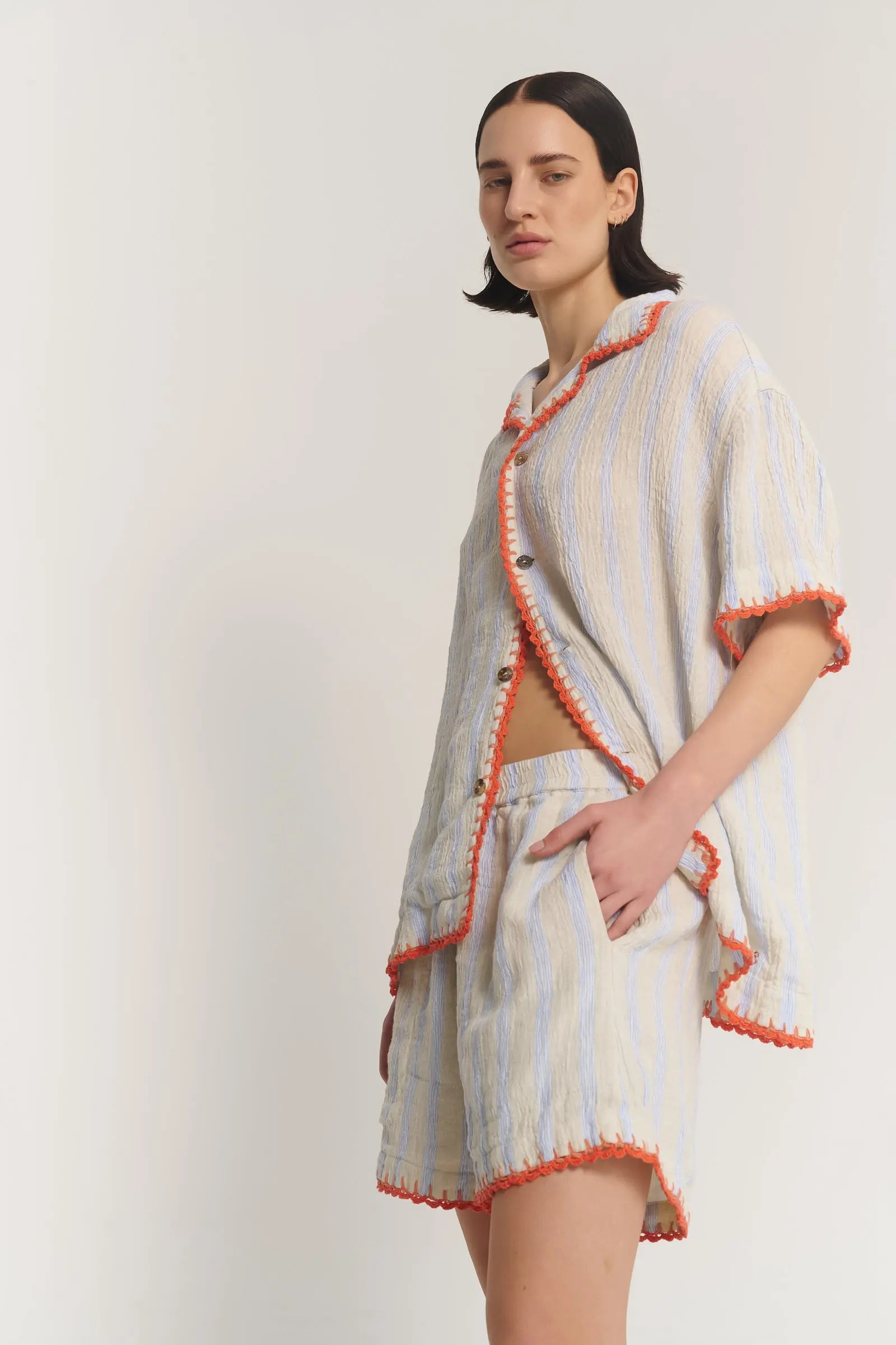 Hand Crochet Trimmed Stripe Linen Shorts by THE TALES - product photo