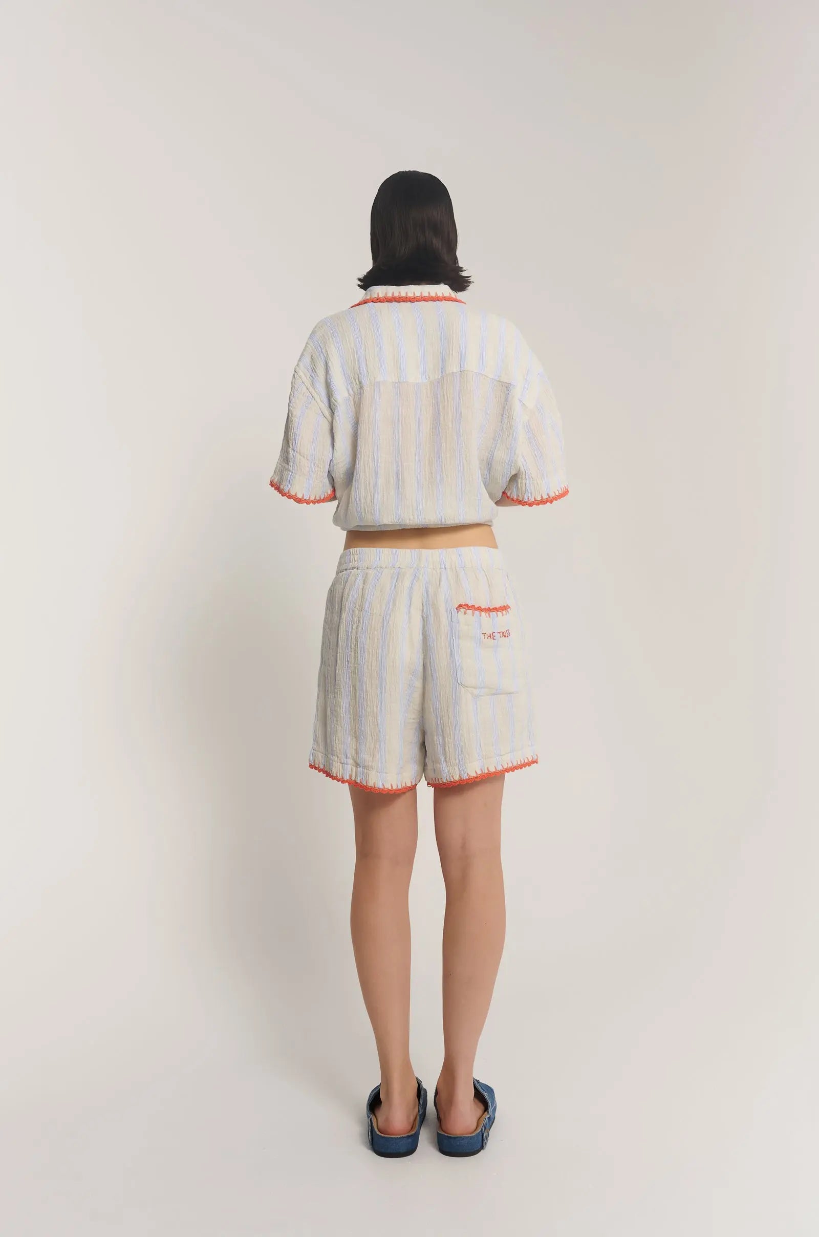Hand Crochet Trimmed Stripe Linen Shorts by THE TALES - product photo