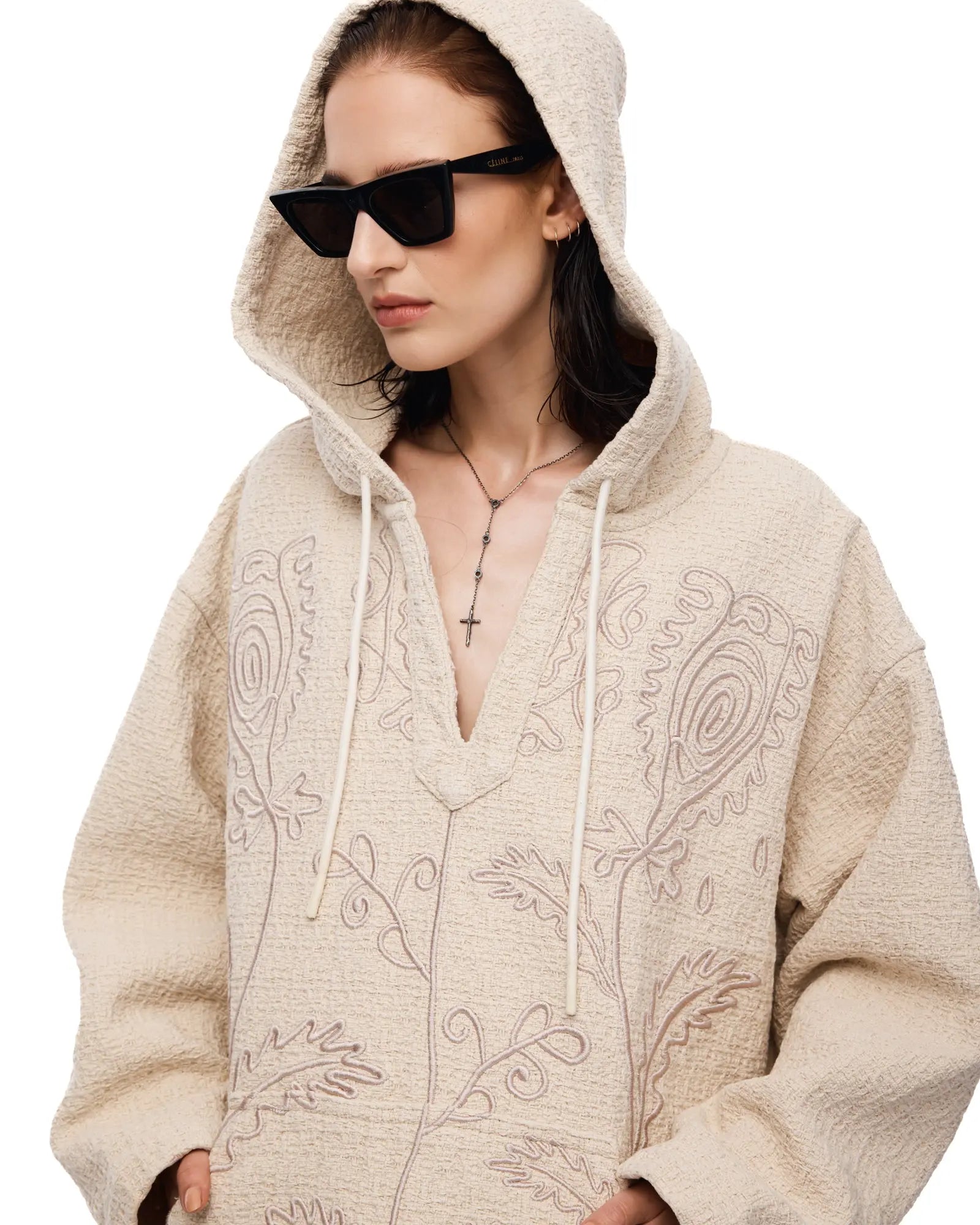Textured Flower Embroidered Hooded Jacket by THE TALES - front view