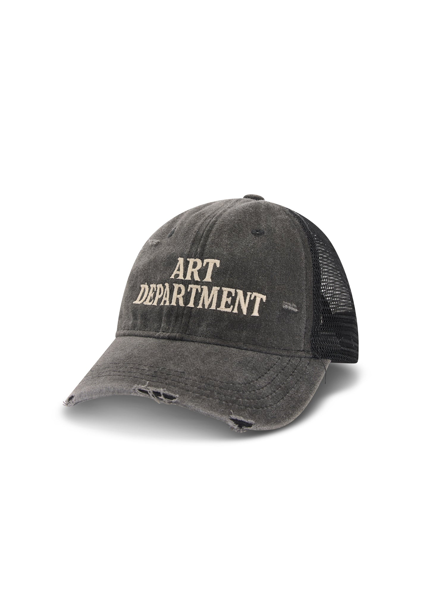 Destroyed Art Department Black Trucker Cap by THE TALES - front view