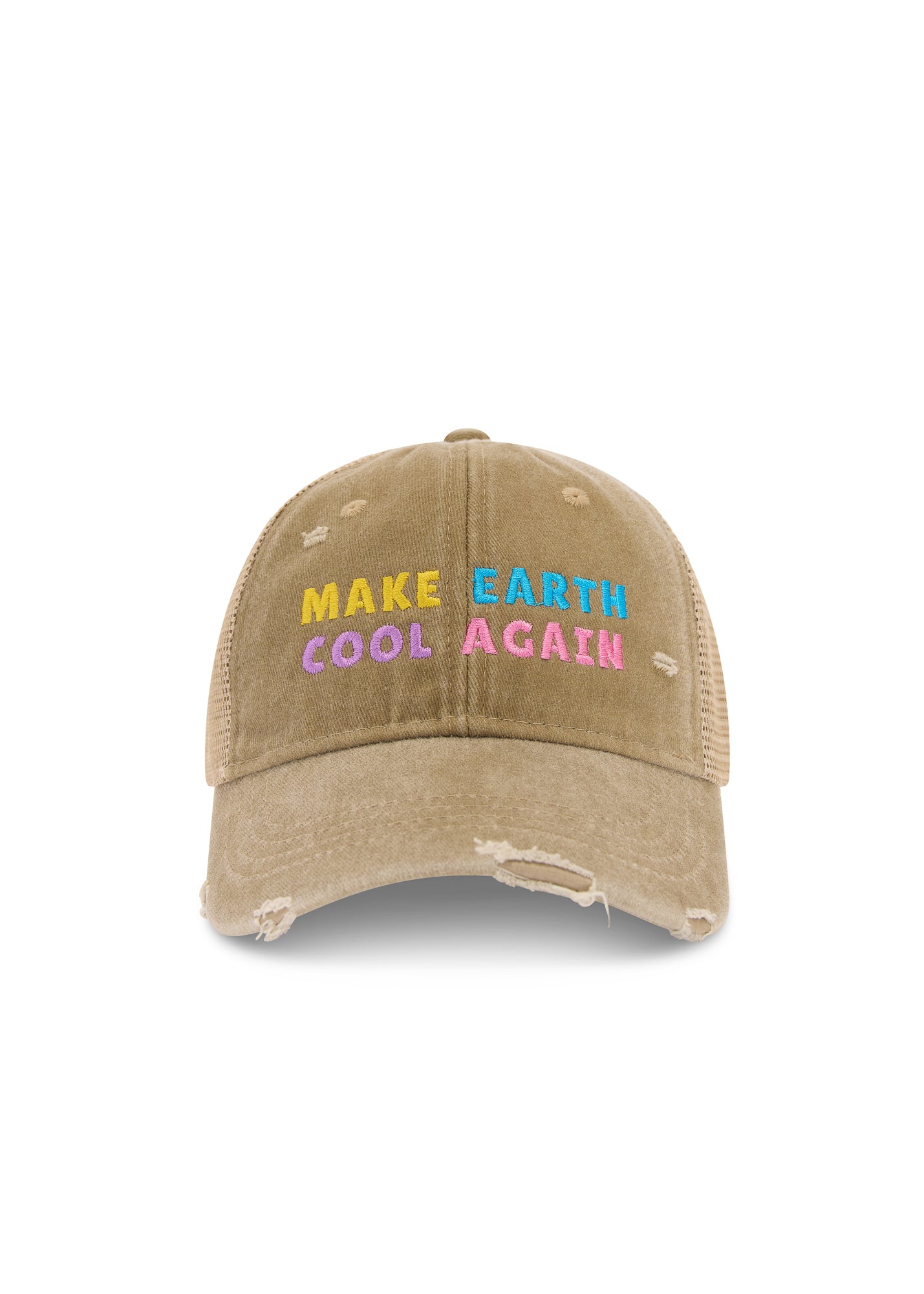 Make Earth Cool Again Destroyed Trucker Cap by THE TALES - side view