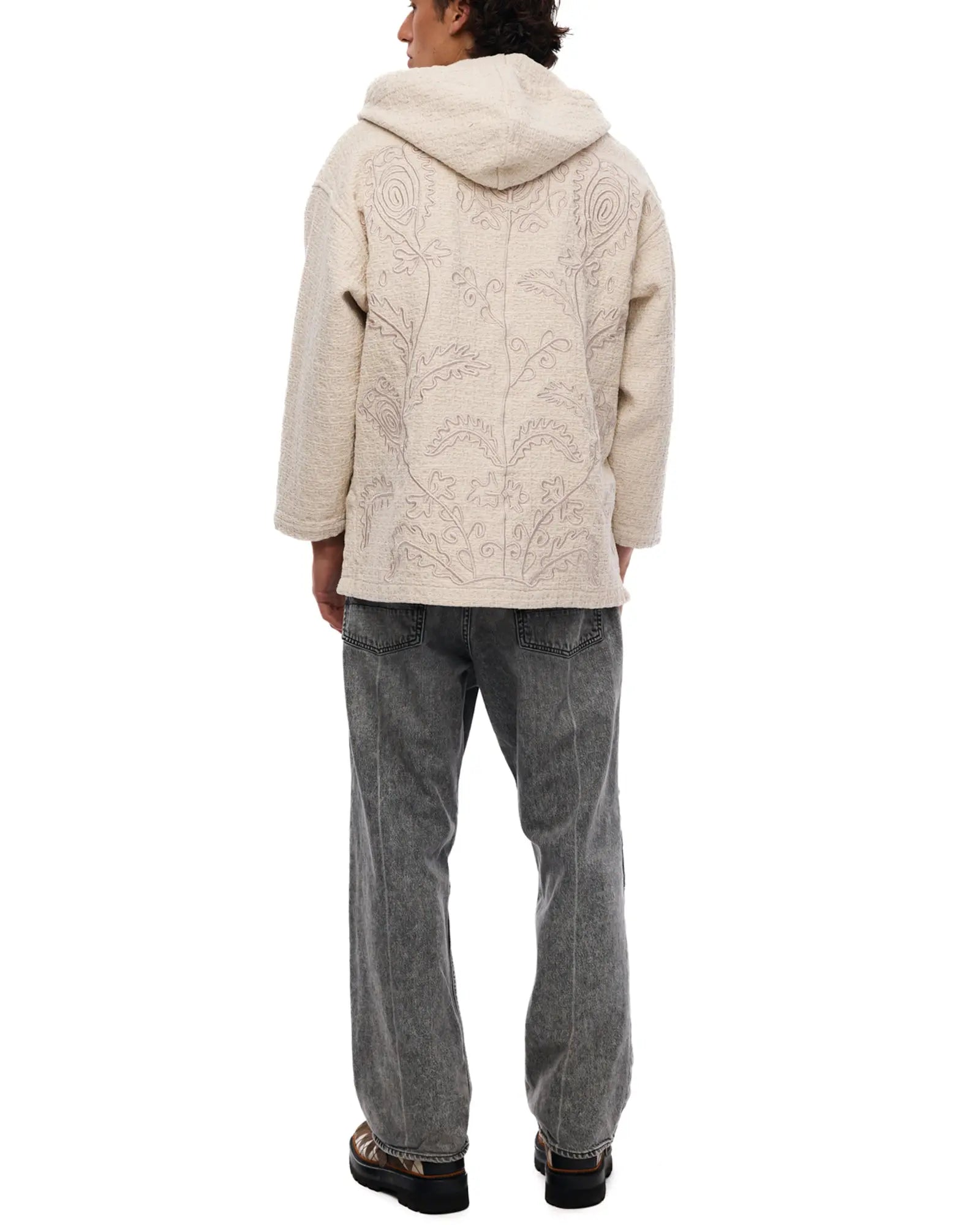 Textured Flower Embroidered Hooded Jacket by THE TALES - detail view
