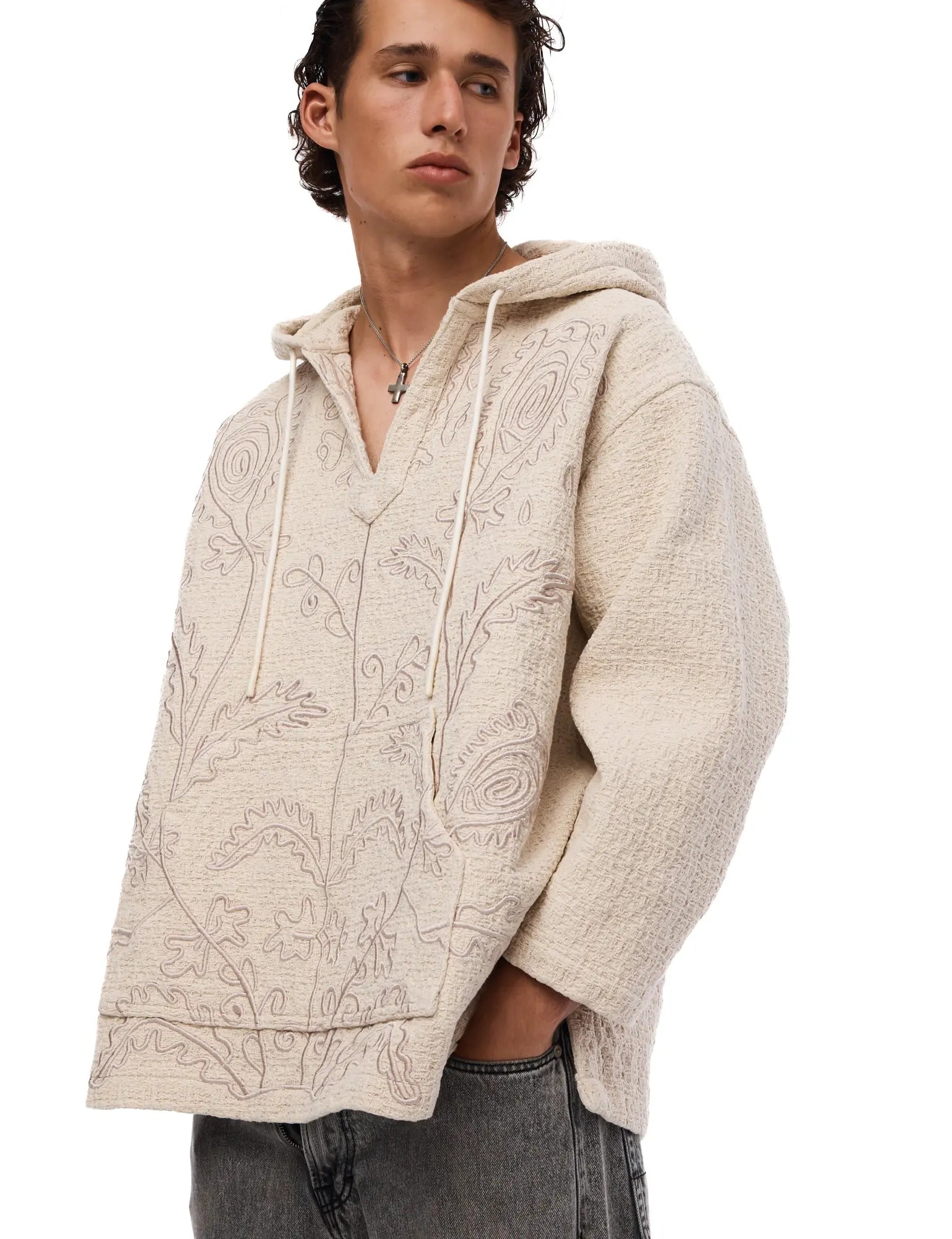 Textured Flower Embroidered Hooded Jacket by THE TALES - product photo