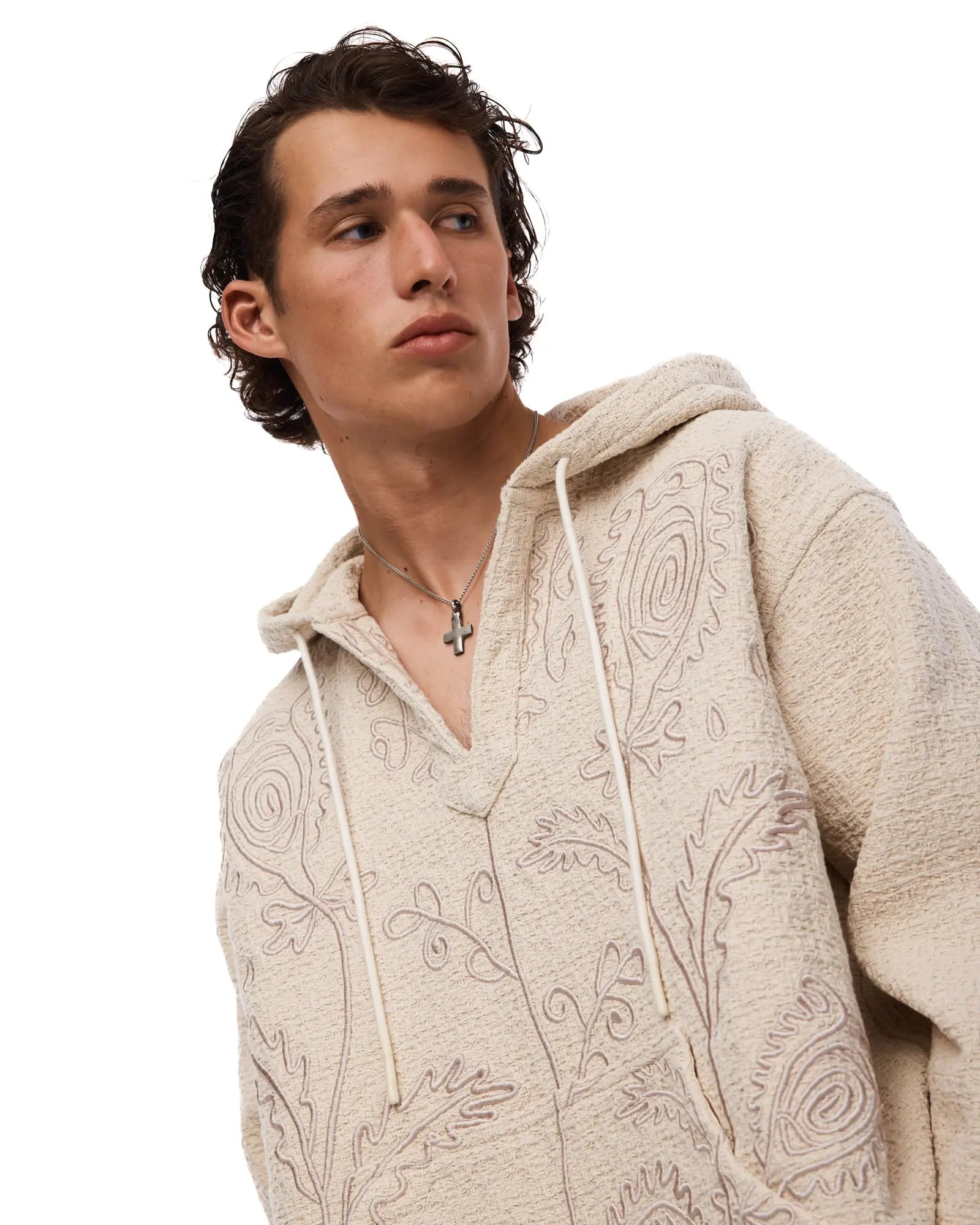 Textured Flower Embroidered Hooded Jacket by THE TALES - close-up detail